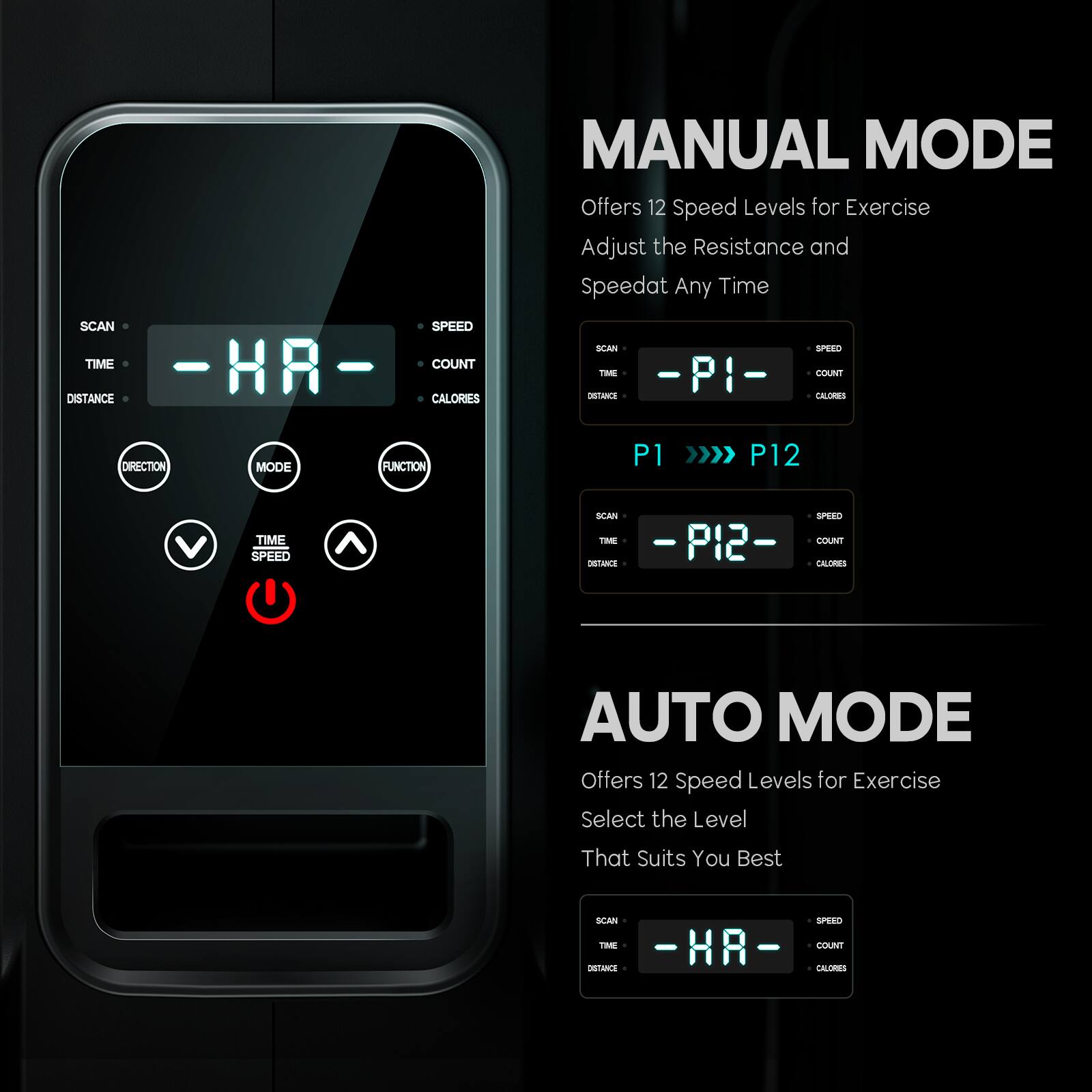 **MANUAL MODE**

Offers 12 Speed Levels for Exercise  
Adjust the Resistance and Speed at Any Time

- SCAN
- TIME
- DISTANCE
- SPEED
- COUNT
- CALORIES

P1 >>>> P12

**AUTO MODE**

Offers 12 Speed Levels for Exercise  
Select the Level That Suits You Best

- SCAN
- TIME
- DISTANCE
- SPEED
- COUNT
- CALORIES