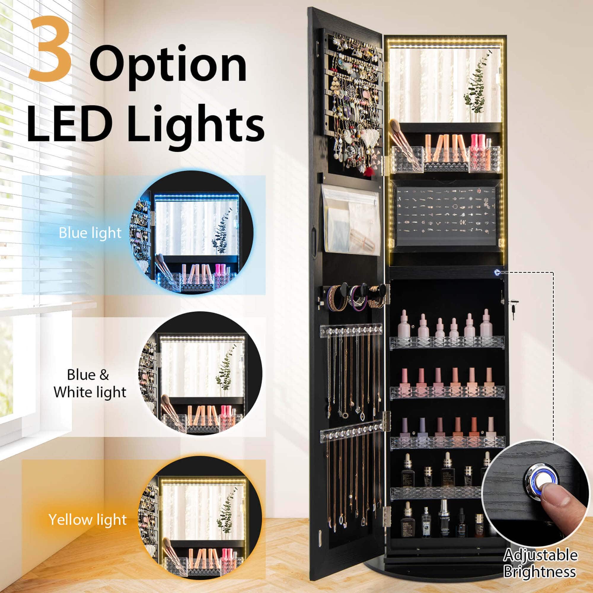 3 Option LED Lights: Blue light, Blue & White light, Yellow light. Adjustable Brightness.