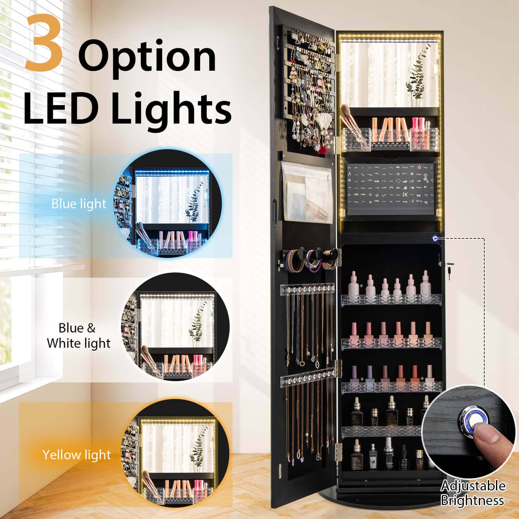3 Option LED Lights: Blue light, Blue & White light, Yellow light. Adjustable Brightness.