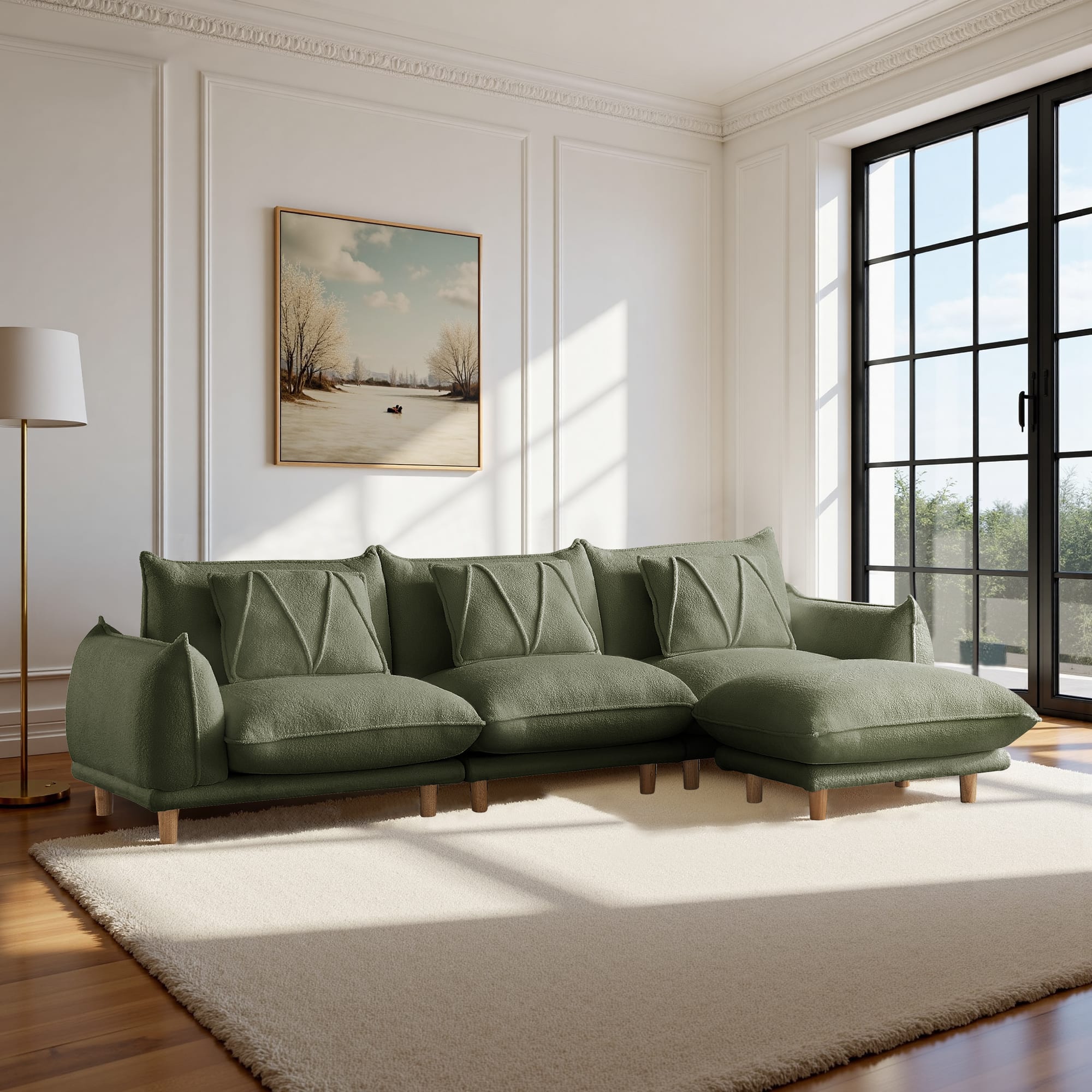 Meqiodas - Modular Sectional Sofa with Ottoman, Modern L-Shaped Couch Cloud Couch with Ottoman & 4.7" High Legs - Green(3+1)