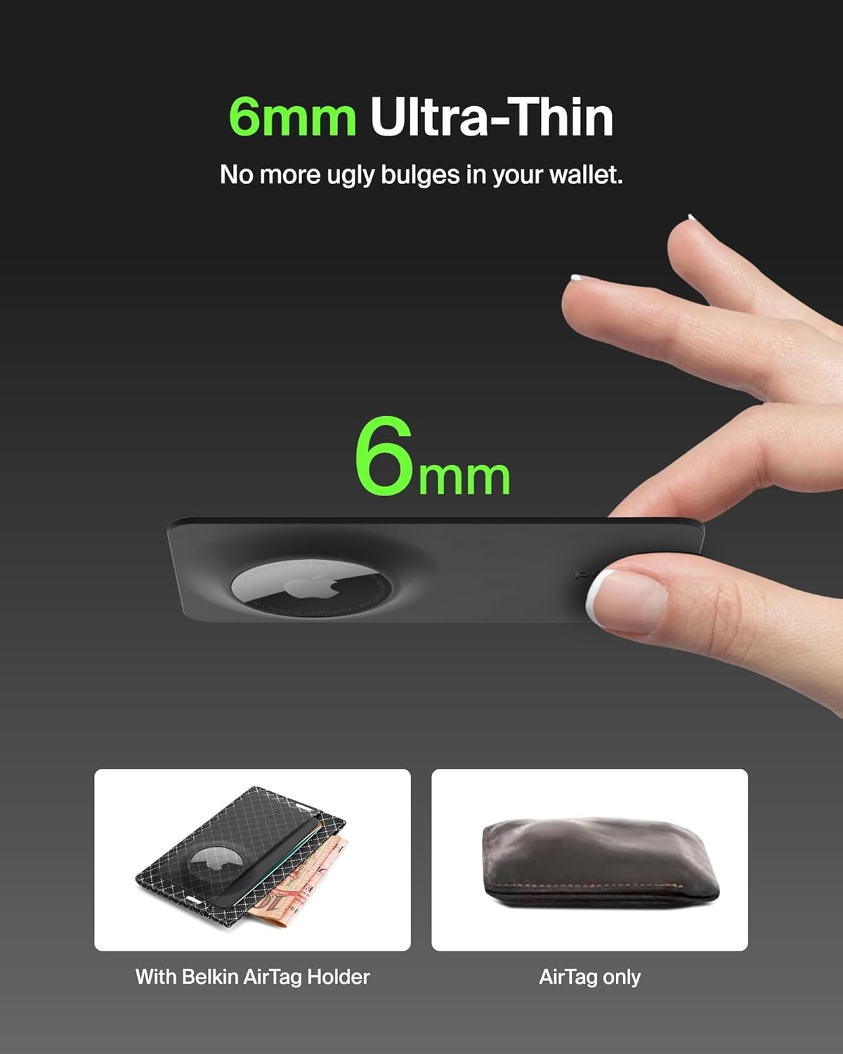 The text on the image reads: "6mm Ultra-Thin No more ugly bulges in your wallet. 6mm With Belkin AirTag Holder AirTag only."