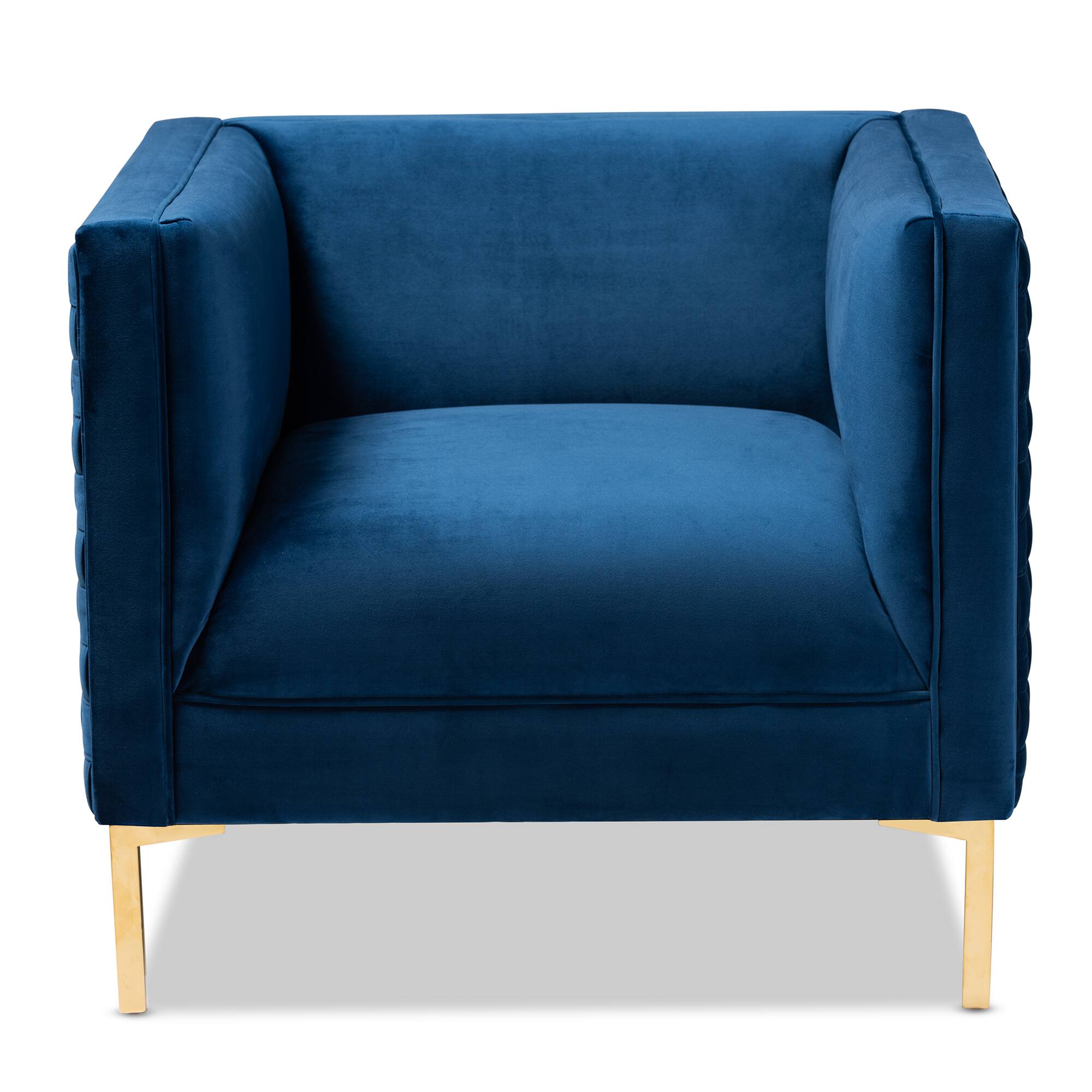 Angle. Baxton Studio - Seraphin Glam and Luxe Velvet Fabric Upholstered Gold Finished Armchair - Blue/Gold.