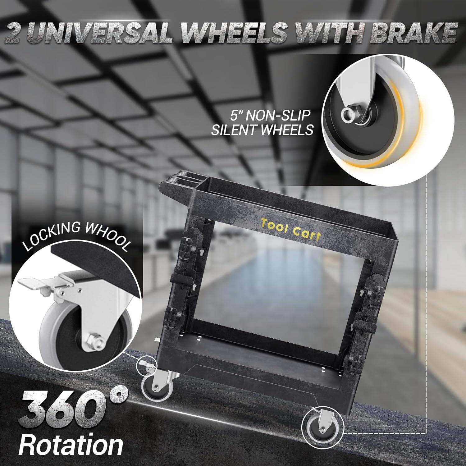 2 UNIVERSAL WHEELS WITH BRAKE, 5" NON-SLIP SILENT WHEELS, LOCKING WHEELS, Tool Cart, 360 Rotation