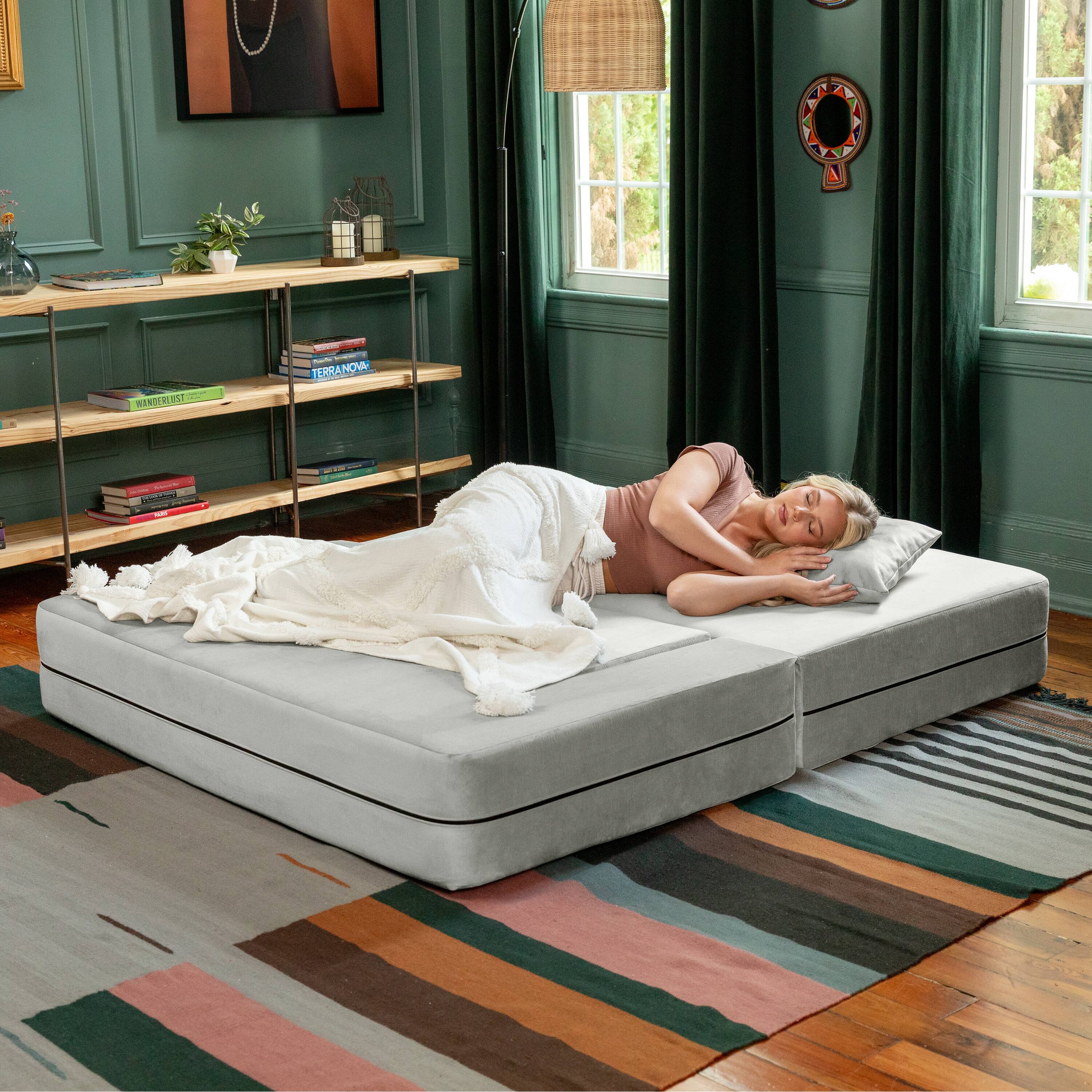 Alt View 2. Jaxx - Jaxx Zipline Convertible Sleeper Loveseat & Ottomans, Textured Microvelvet - Ice - Ice.