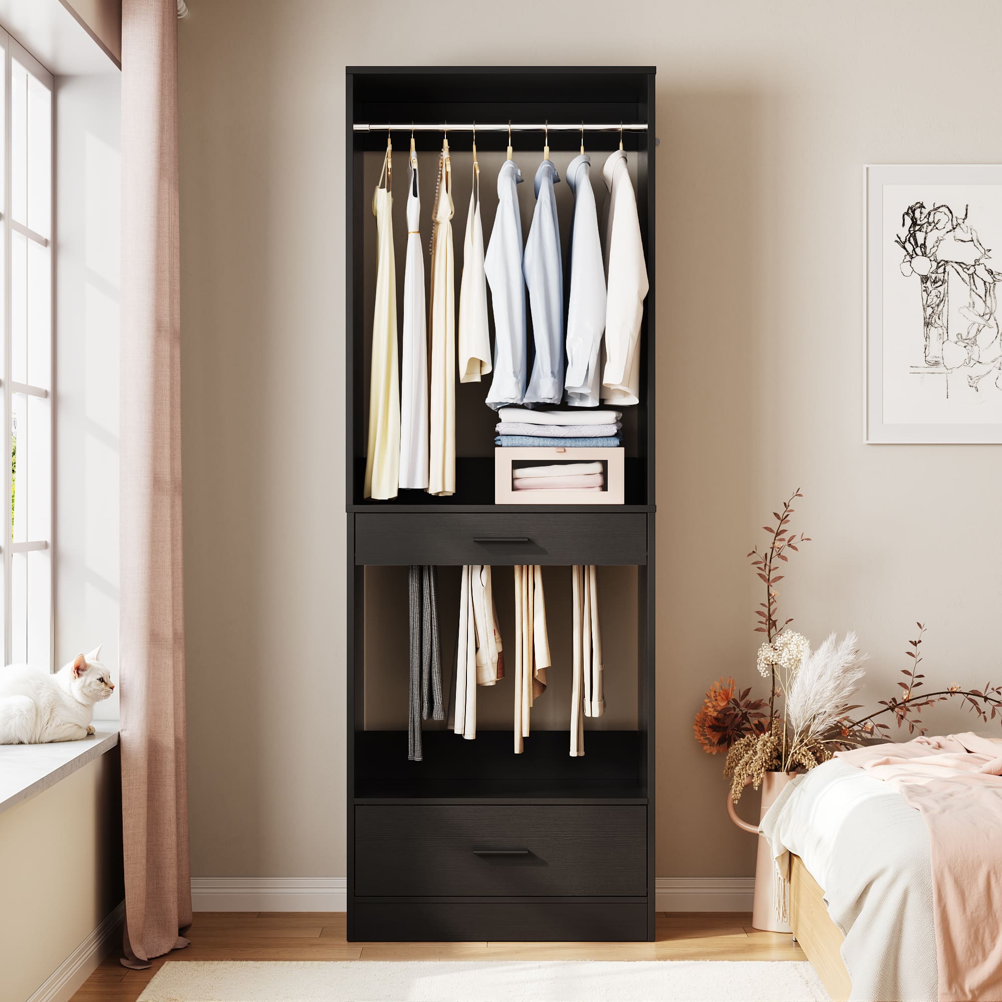Aheaplus - Walk-in Hanging Closet System, 23.6'' Wide Closet Organizer with 2 Hanging Rods, Pant Rack, and Drawer - Black