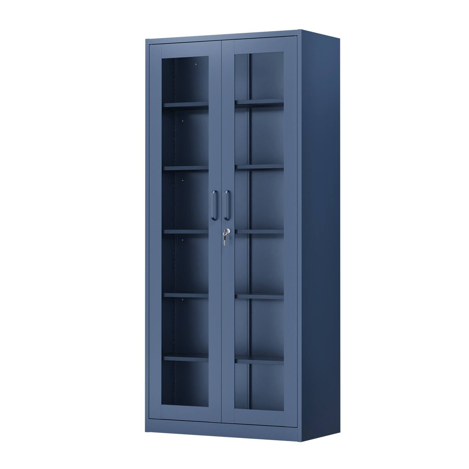 Angle. Winado - Heavy Duty 71" Tall Lockable Display Cabinet with Glass Doors & 5 Adjustable Shelves & Secure Locking System for Office - Dark Blue.
