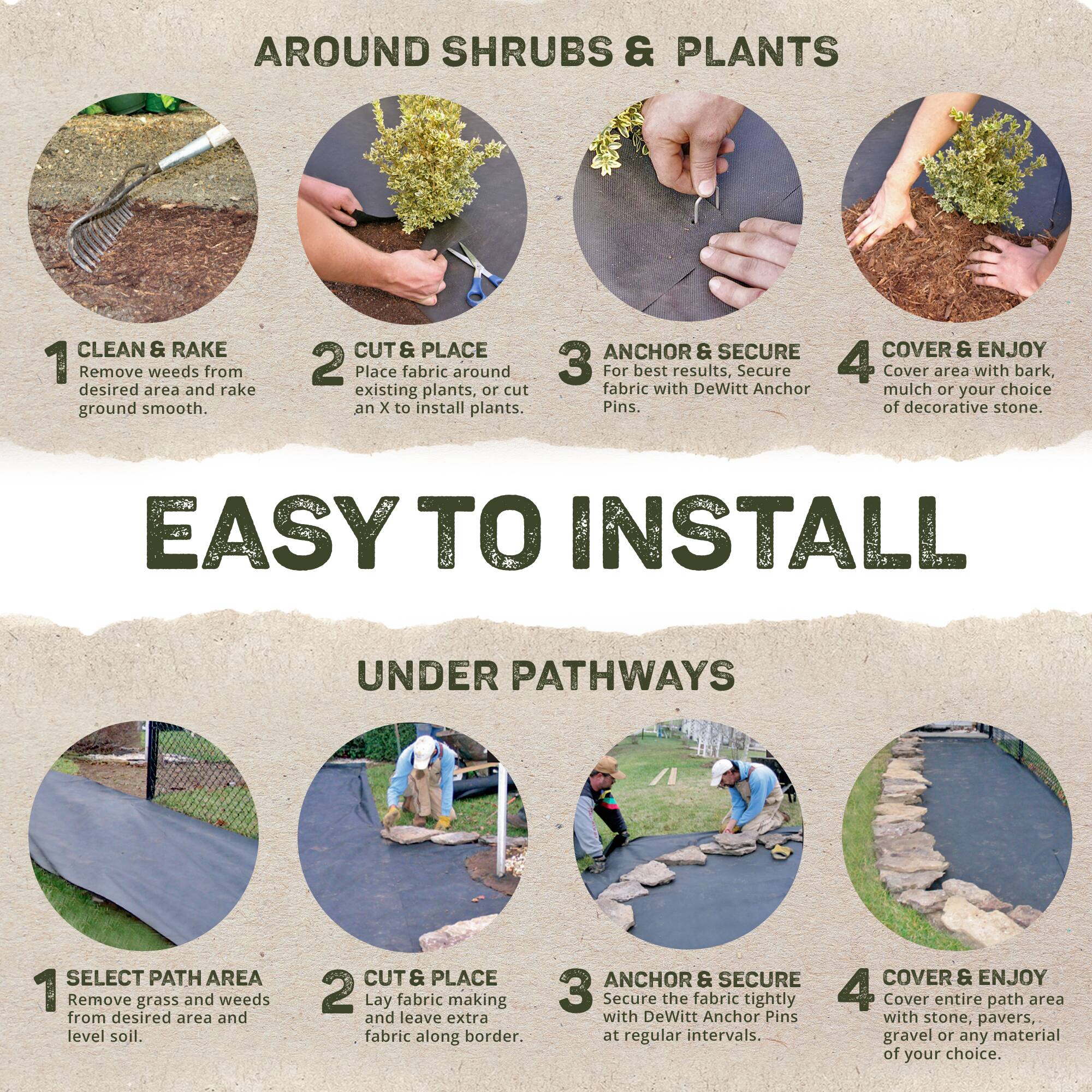 **AROUND SHRUBS & PLANTS**

1. **CLEAN & RAKE**  
   Remove weeds from desired area and rake ground smooth.

2. **CUT & PLACE**  
   Place fabric around existing plants, or cut an X to install plants.

3. **ANCHOR & SECURE**  
   For best results, secure fabric with DeWitt Anchor Pins.

4. **COVER & ENJOY**  
   Cover area with bark, mulch or your choice of decorative stone.

---

**EASY TO INSTALL**

**UNDER PATHWAYS**

1. **SELECT PATH AREA**  
   Remove grass and weeds from desired area and level soil.

2. **CUT & PLACE**  
   Lay fabric making and leave extra fabric along border.

3. **ANCHOR & SECURE**  
   Secure the fabric tightly with DeWitt Anchor Pins at regular intervals.

4. **COVER & ENJOY**  
   Cover entire path area with stone, pavers, gravel or any material of your choice.