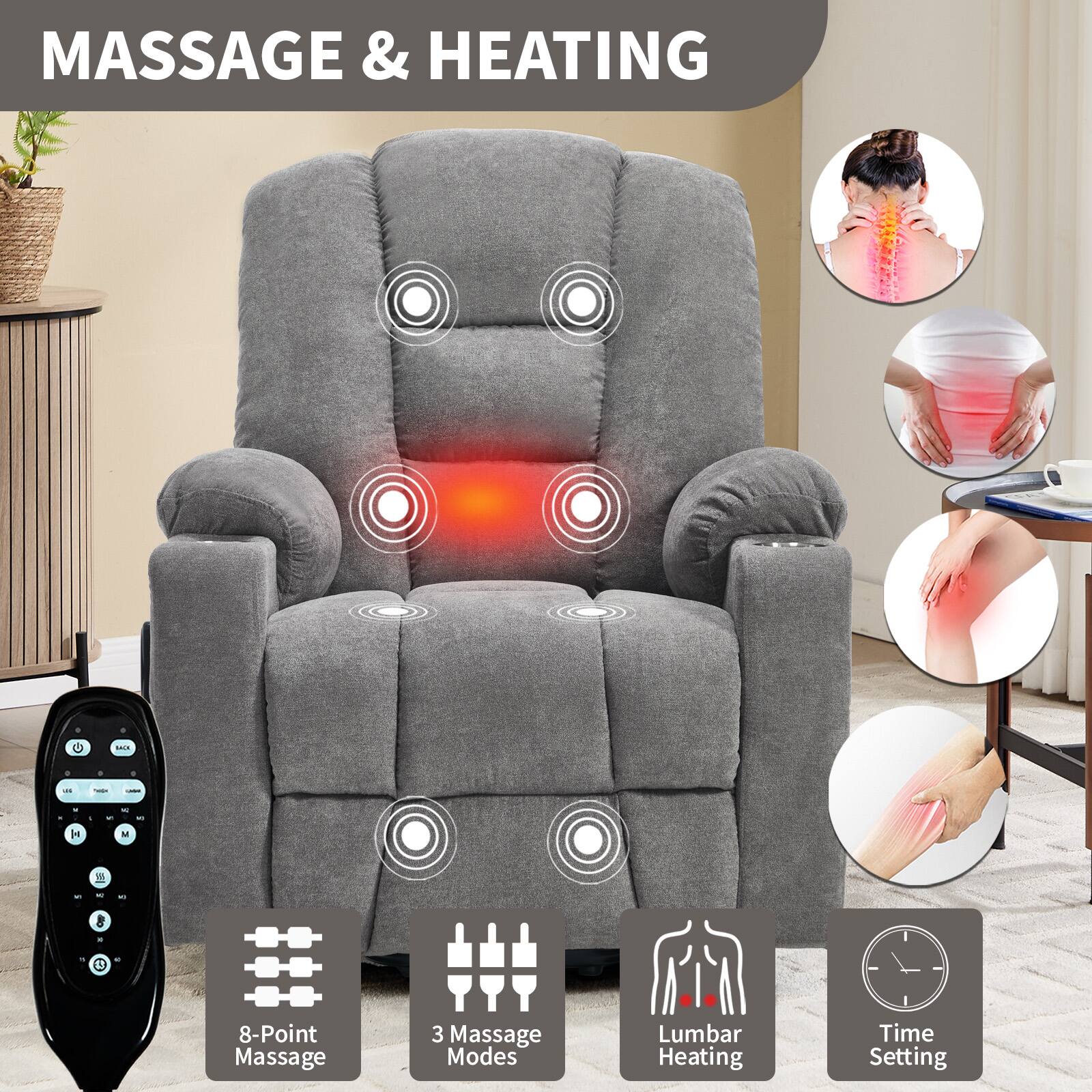 MASSAGE & HEATING

- 8-Point Massage
- 3 Massage Modes
- Lumbar Heating
- Time Setting