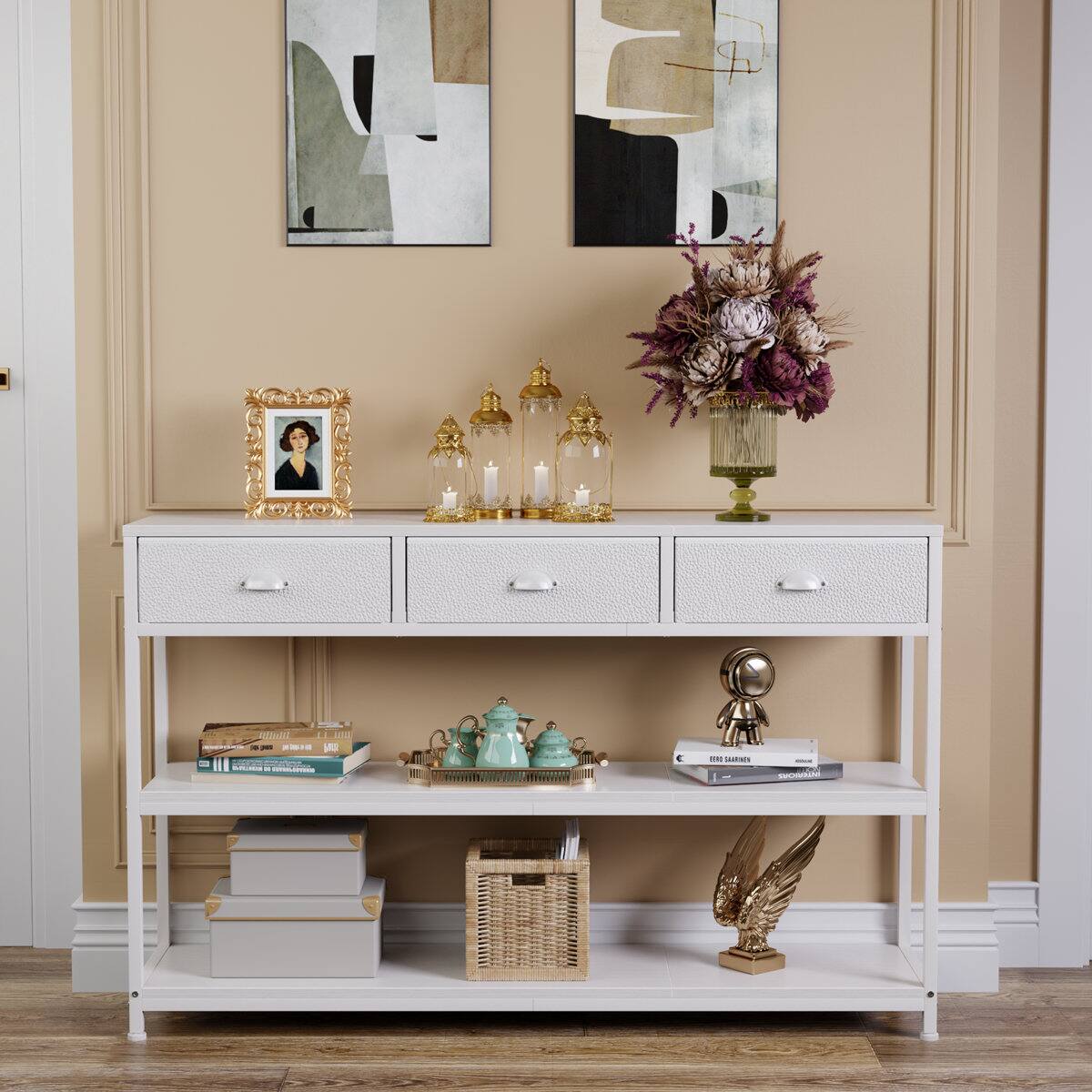 Alt View 1. Furnulem - 47 In Console Table with Metal Frame 3 Fabric Drawers 2 Open Shelves Sofa Entryway Table for Living Room and Hallway - White.