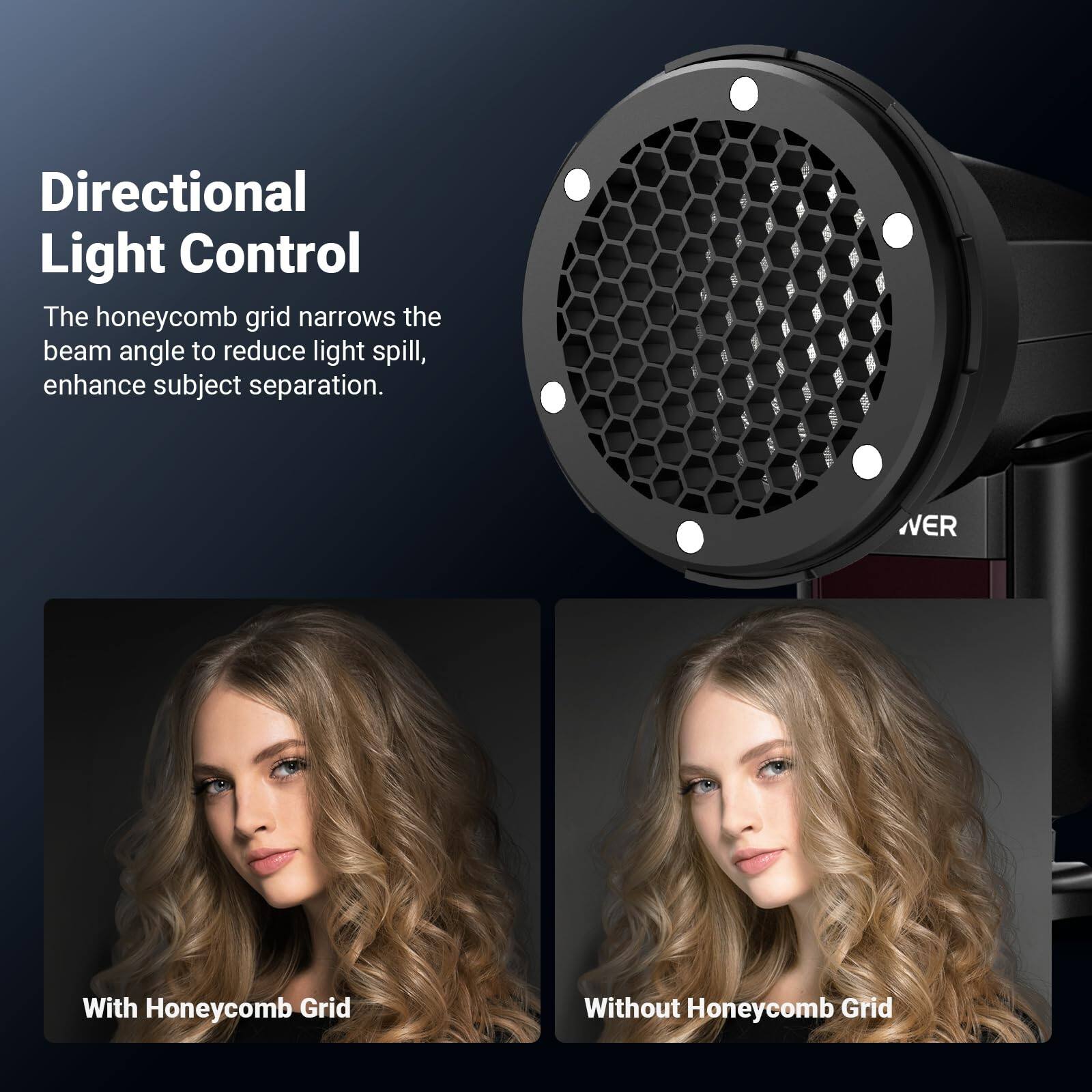Directional Light Control

The honeycomb grid narrows the beam angle to reduce light spill, enhance subject separation.

With Honeycomb Grid

Without Honeycomb Grid