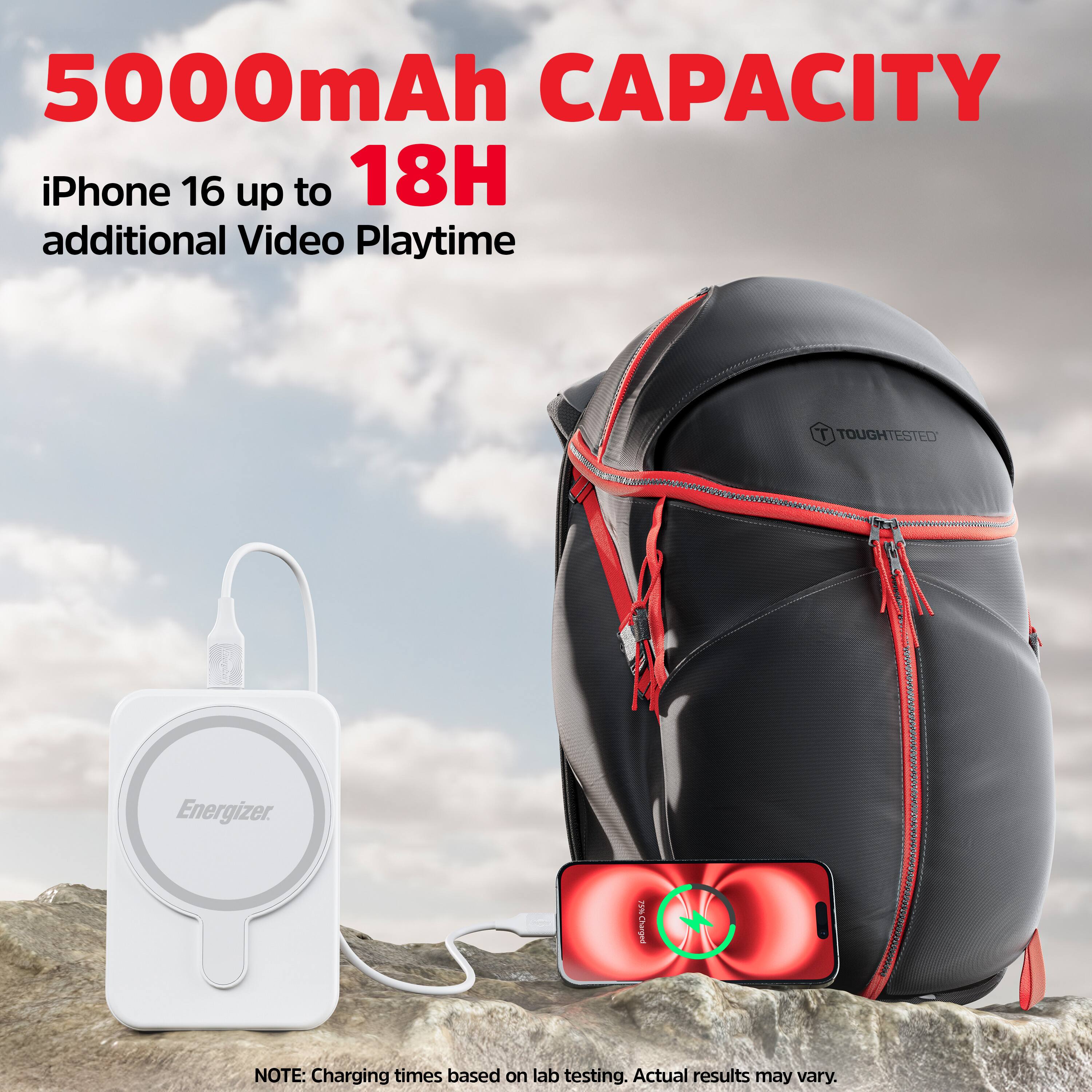 5000mAh CAPACITY  
18H  
iPhone 16 up to 18H additional Video Playtime  

TOUGHTESTED  
Energizer  

NOTE: Charging times based on lab testing. Actual results may vary.