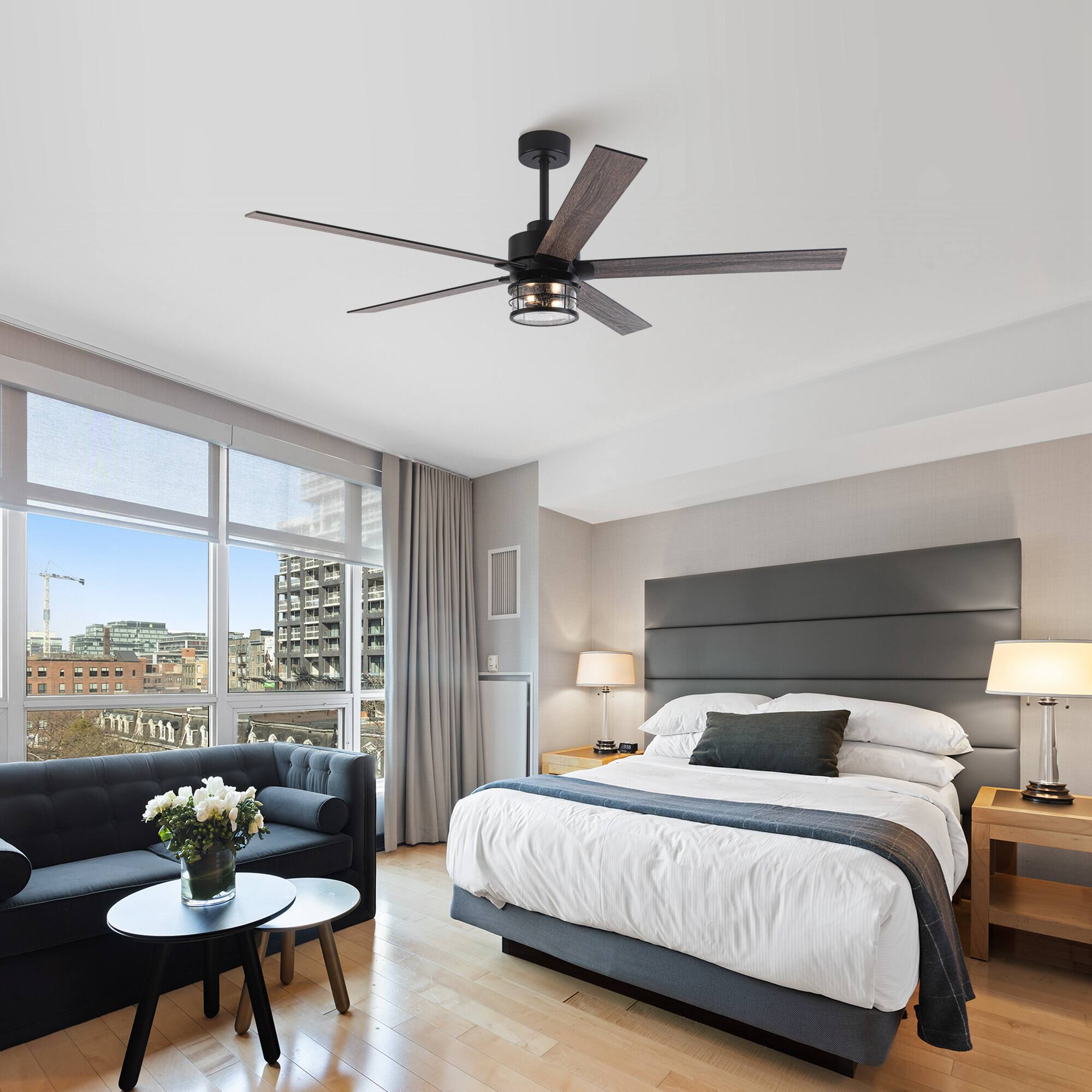 Angle. Parrot Uncle - 65" Black Wooden 5-Blade Industrial Ceiling Fan with Light and Remote - Matte Black.