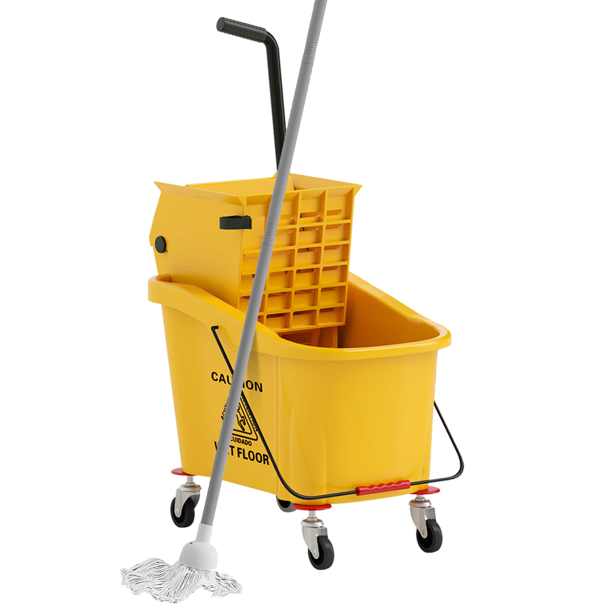Homcom - Mop Bucket with Wringer on Wheels for Floor Cleaning, 38 Quart Down Press Wringer with Handle and Mop