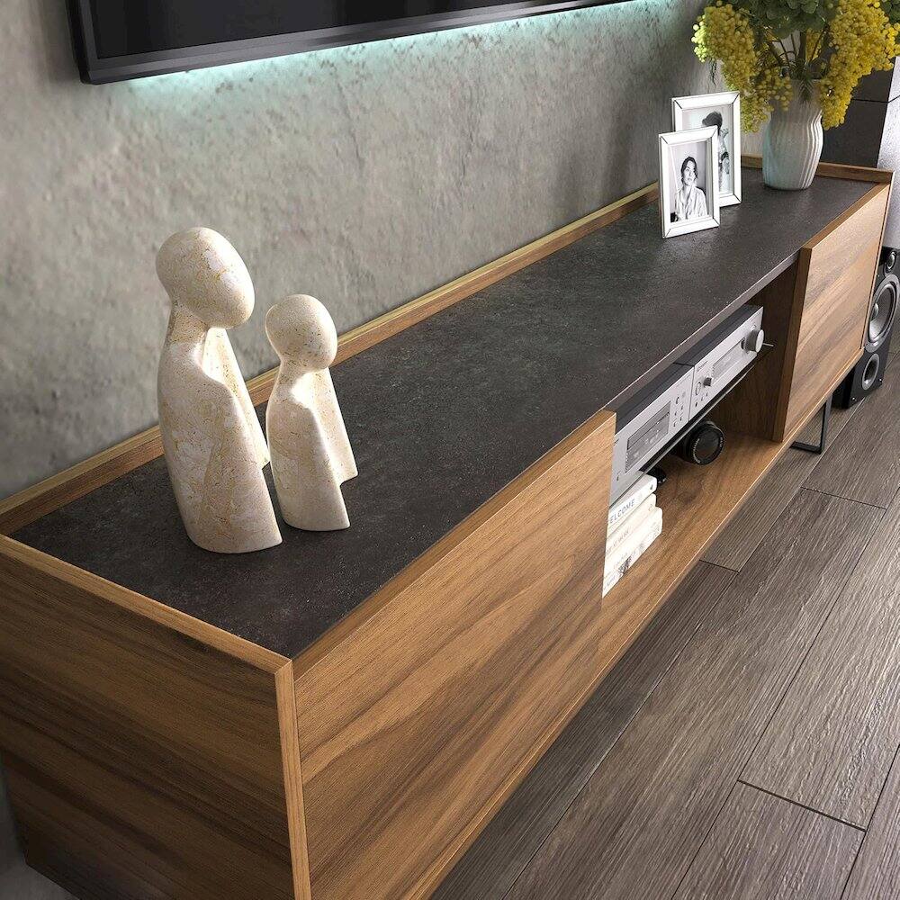 Angle. Atelier Mobili - Modern TV Stand for 65-75-80 Inch TVs, Farmhouse Entertainment Center - Brown.