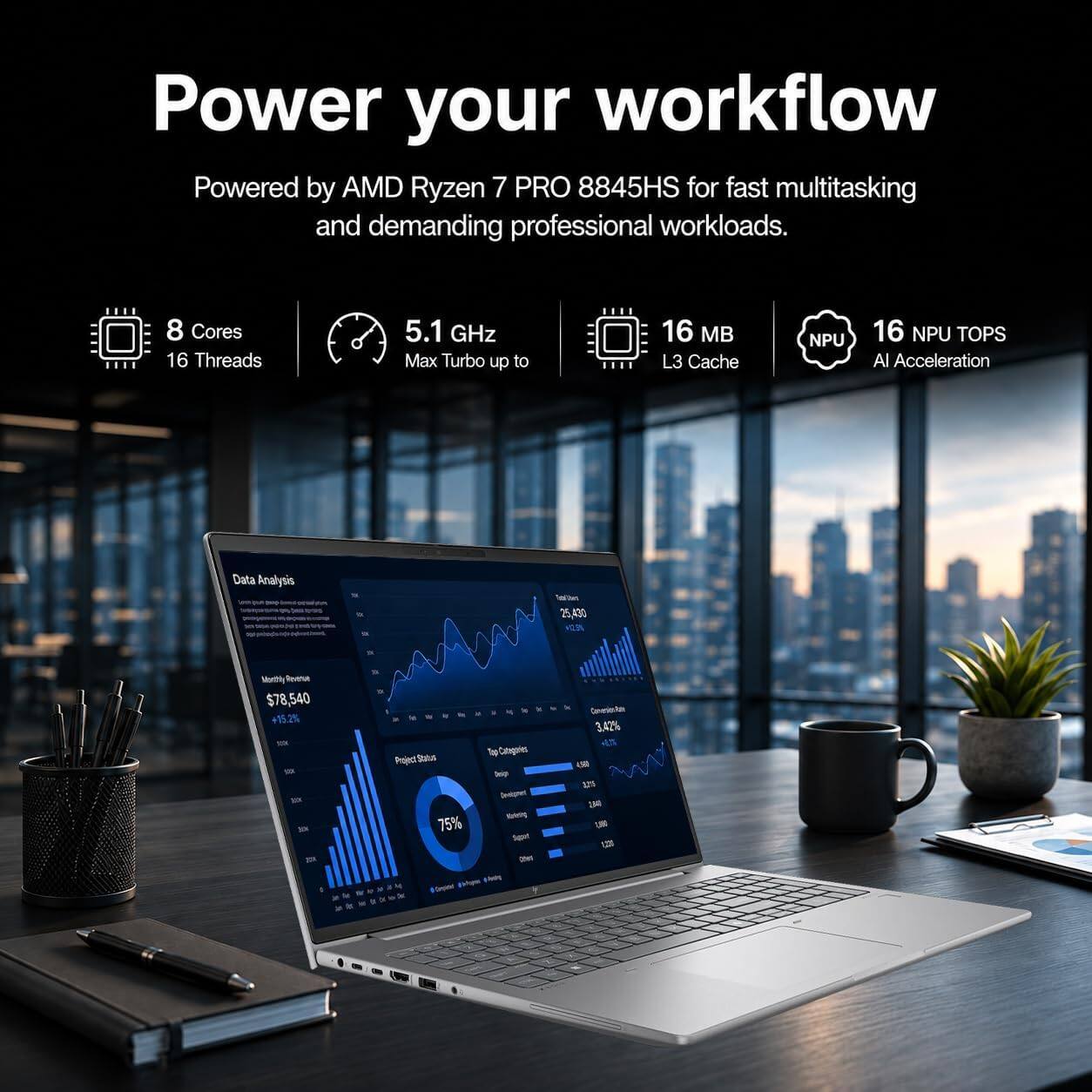 Power your workflow  
Powered by AMD Ryzen 7 PRO 8845HS for fast multitasking and demanding professional workloads.  
8 Cores 16 Threads  
5.1 GHz Max Turbo up to  
16 MB L3 Cache  
16 NPU TOPS AI Acceleration  

Data Analysis  
Totalian 25,430 NETA  
Monthly $78,540 +15.2%  
Comerien Ade 3.42%  
ask 30%  

Project Satur 75% Reply  
Tup Cotegoles help Devignet Korleing Sugar Ches -  
4,50 375 34 CJSM 1,030