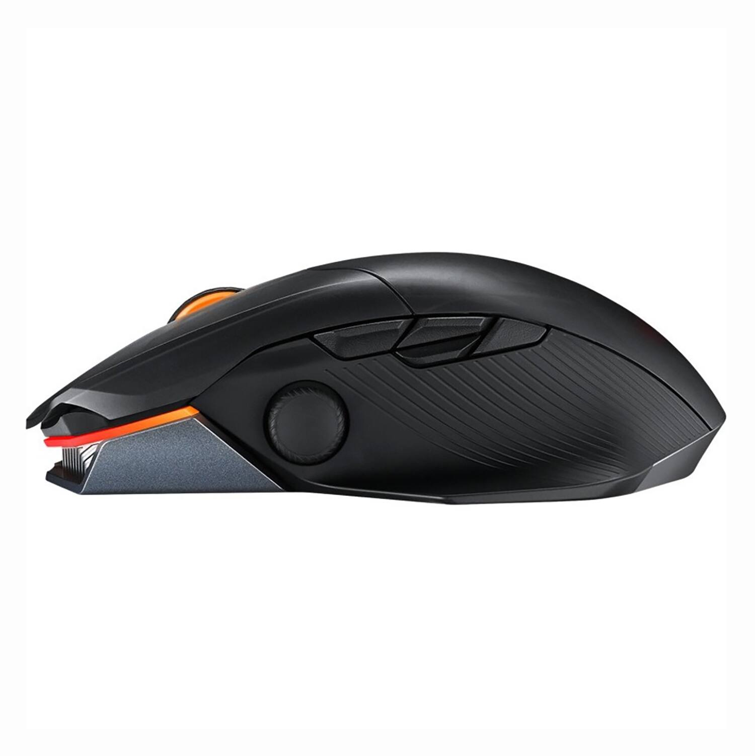 Left. ASUS - ROG Chakram X Wired or Wireless Optical Gaming Mouse with Aura Sync RGB lighting - Translucent Black and Silver.