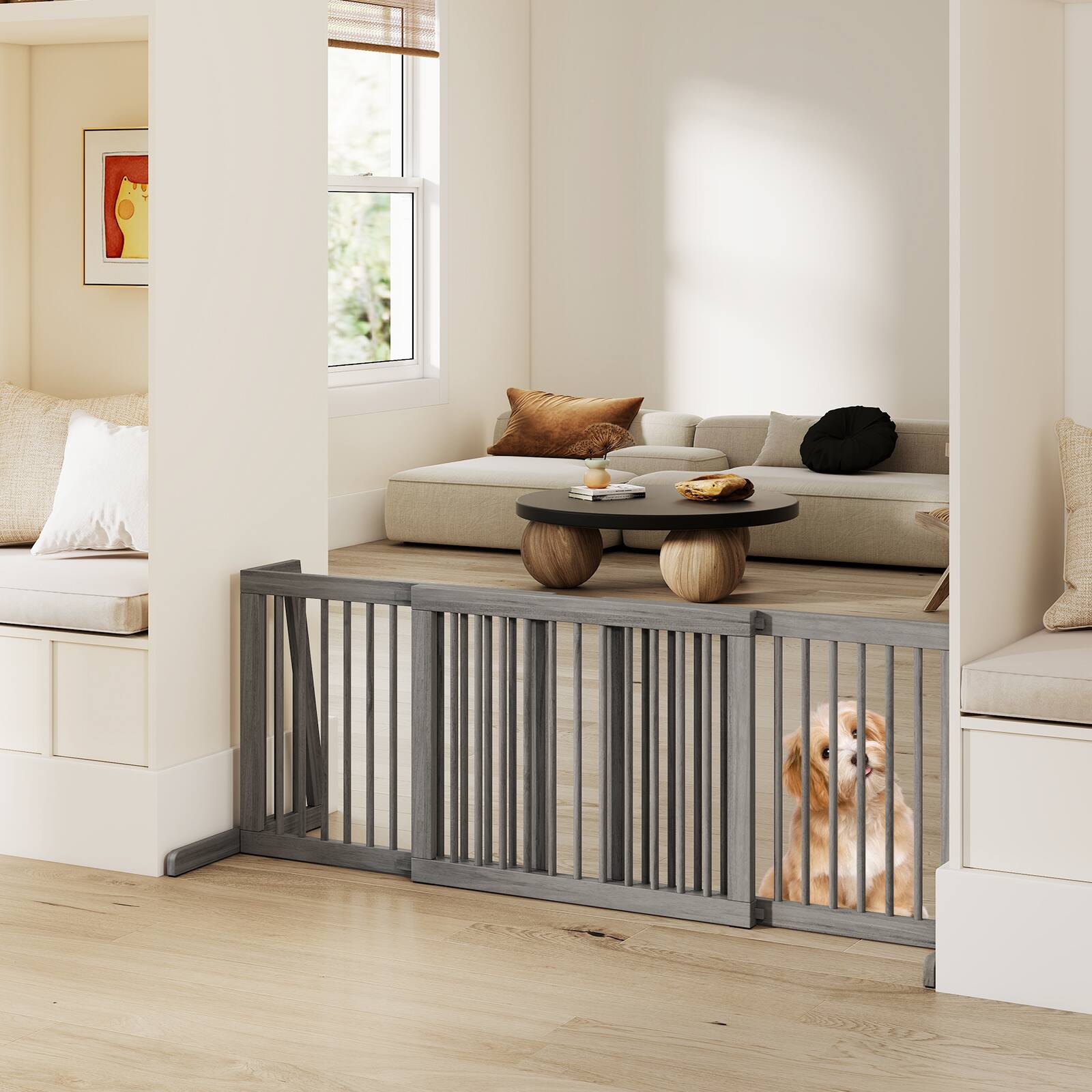 Alt View 1. Gymax - Gymax Folding Adjustable Free Standing 3 Panel Wood Pet Dog Slide Gate Safety Fence Gray - Gray.