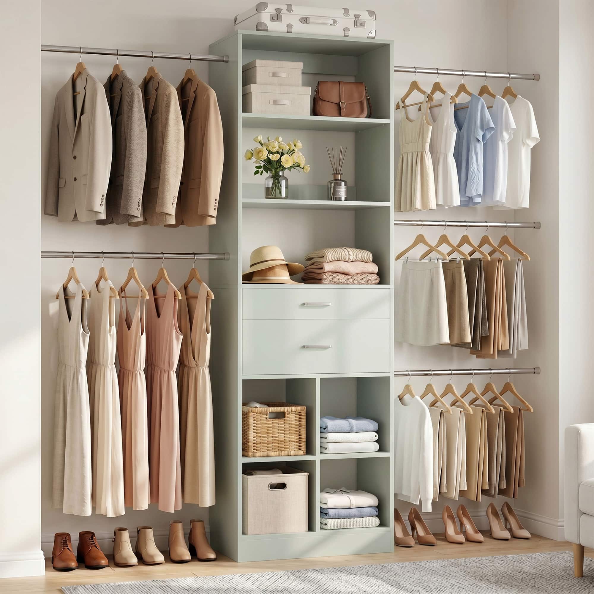 Aheaplus - Small Closet System, 3.2-6.8FT Adjustable Closet Organizer with 2 Drawers & 5 Hanging Rods - Cyan