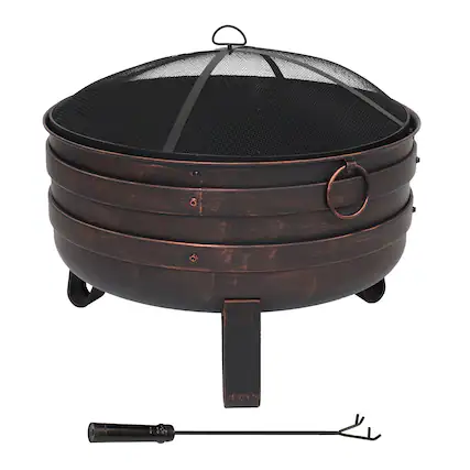 Front. Sunnydaze - 24 in Cauldron Fire Pit with Spark Screen and Cover - Bronze.