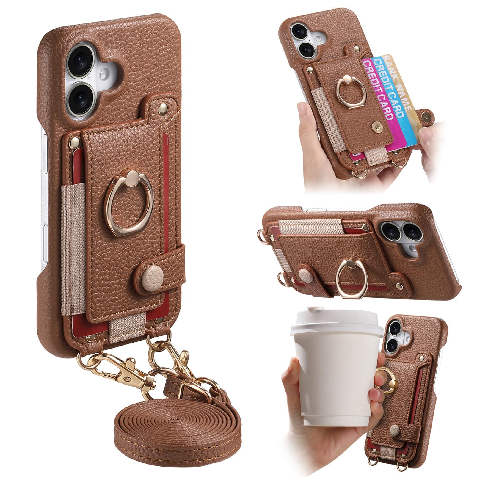 Dteck - Lychee Texture Wallet Case for Apple iPhone 16 Plus with Ring Kickstand,Crossbody Faux Leather Cover with Card Holder - Brown