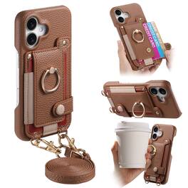Dteck - Lychee Texture Wallet Case for Apple iPhone 16 Plus with Ring Kickstand,Crossbody Faux Leather Cover with Card Holder - Brown