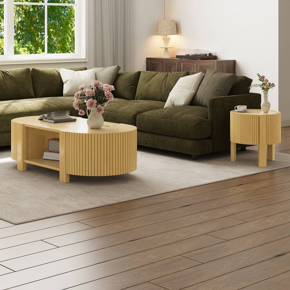 Back. Loheer - Loheer 2 Piece Solid Wood Coffee Table Set Natural Modern Oval Living Room Table Set with Soft-Close Doors 47 Inch - Natural.