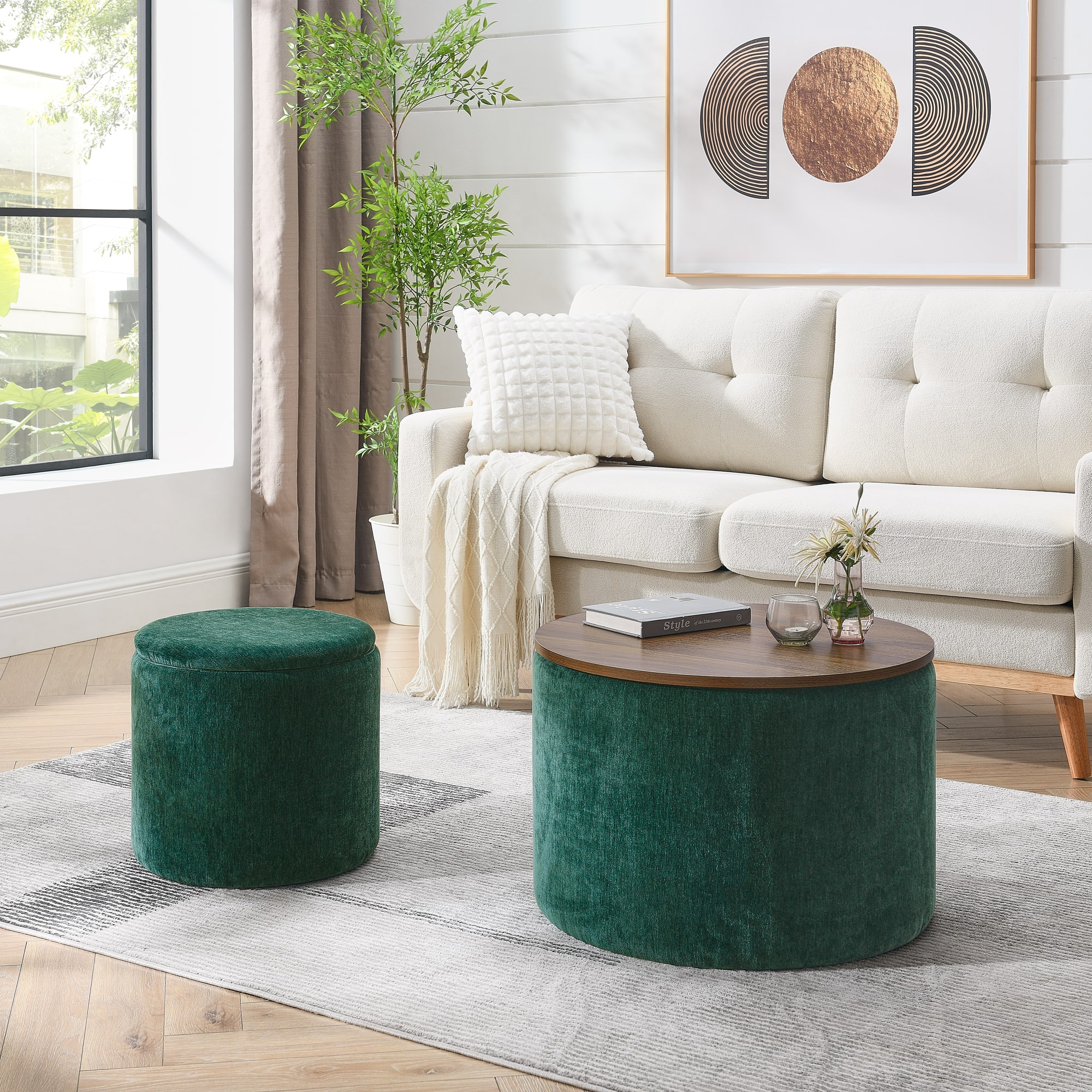GOODSILO - 2-Piece Round Storage Ottoman Set with Hidden Storage and Detachable Stool, Classic Design for Living Room and Bedroom - Dark Green