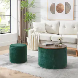 GOODSILO - 2-Piece Round Storage Ottoman Set with Hidden Storage and Detachable Stool, Classic Design for Living Room and Bedroom - Dark Green