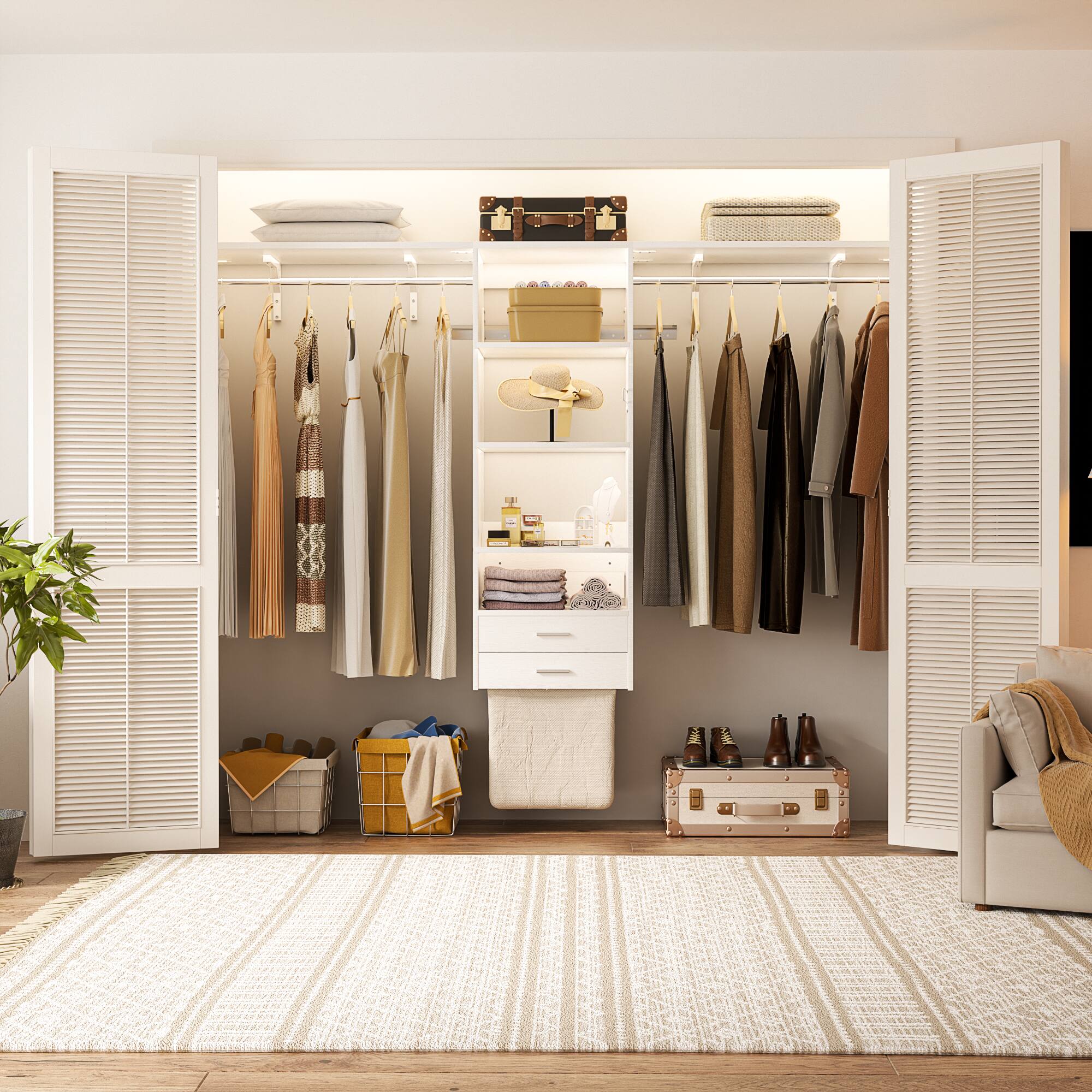 Alt View 2. Aheaplus - 96'' Wall-Mounted Laundry Organizer Cabinet with Drawer, Hanging Rods, and Drawer-Style Laundry Basket - White.