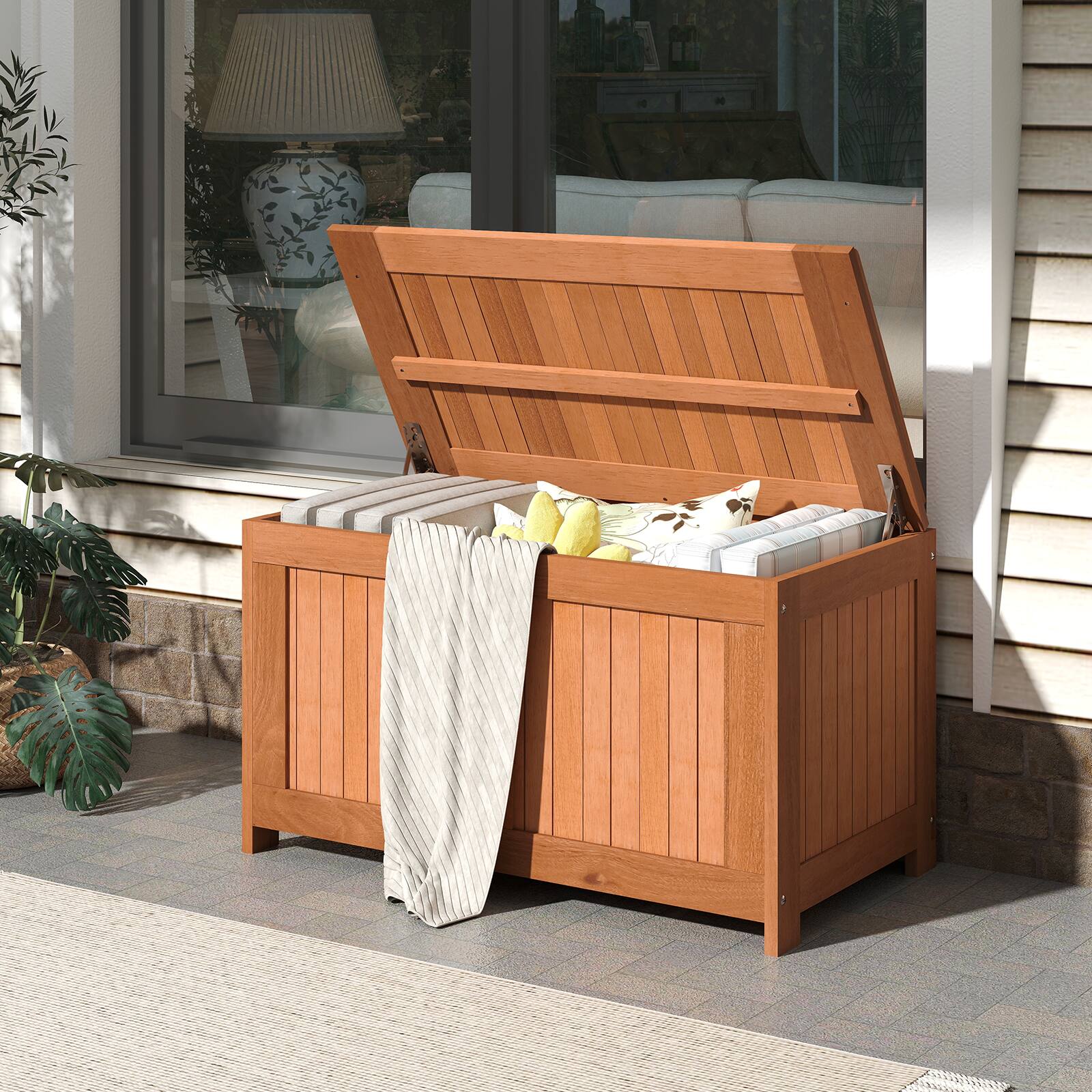 Alt View 1. Costway - Costway 52 Gallon Wood Deck Box with Flip Top Teak Oil Finish Pool Supplies Cushions - Orange.