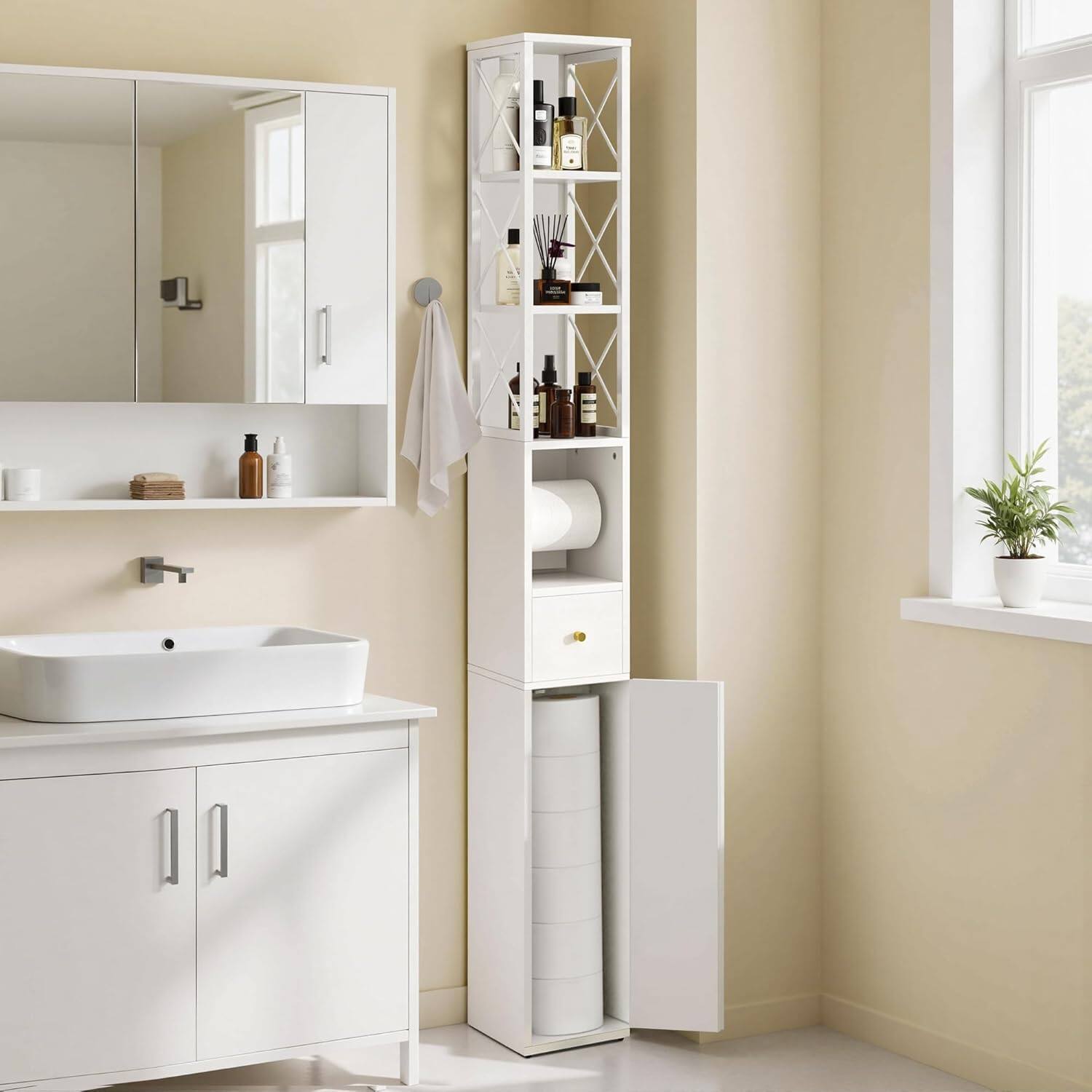 Alt View 3. Vecelo - Bathroom Storage Cabinet with Toilet Paper Holder, Slim Waterproof Floor Cabinet with Magnetic Doors - Modern White.