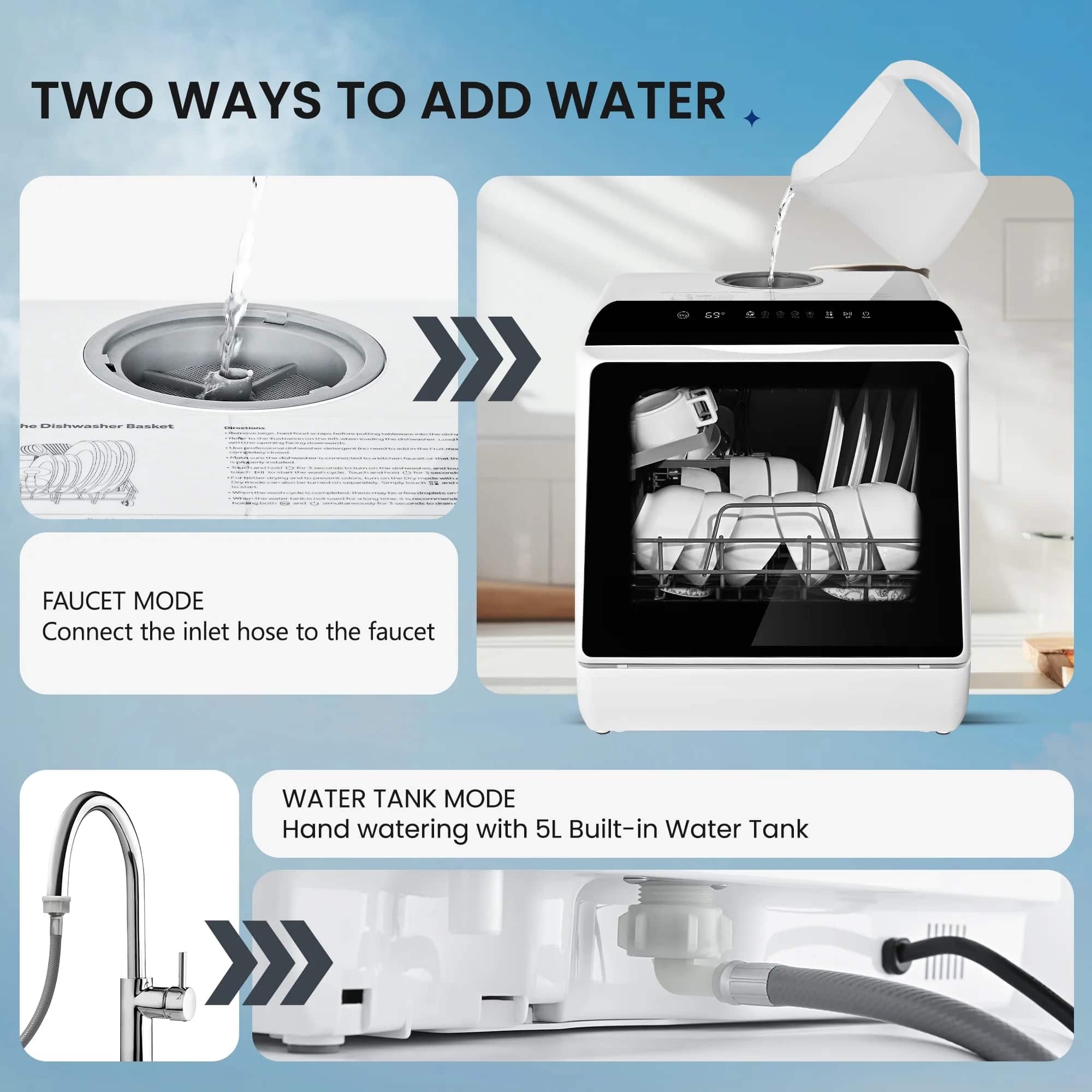 TWO WAYS TO ADD WATER
FAUCET MODE
Connect the inlet hose to the faucet
WATER TANK MODE
Hand watering with 5L Built-in Water Tank