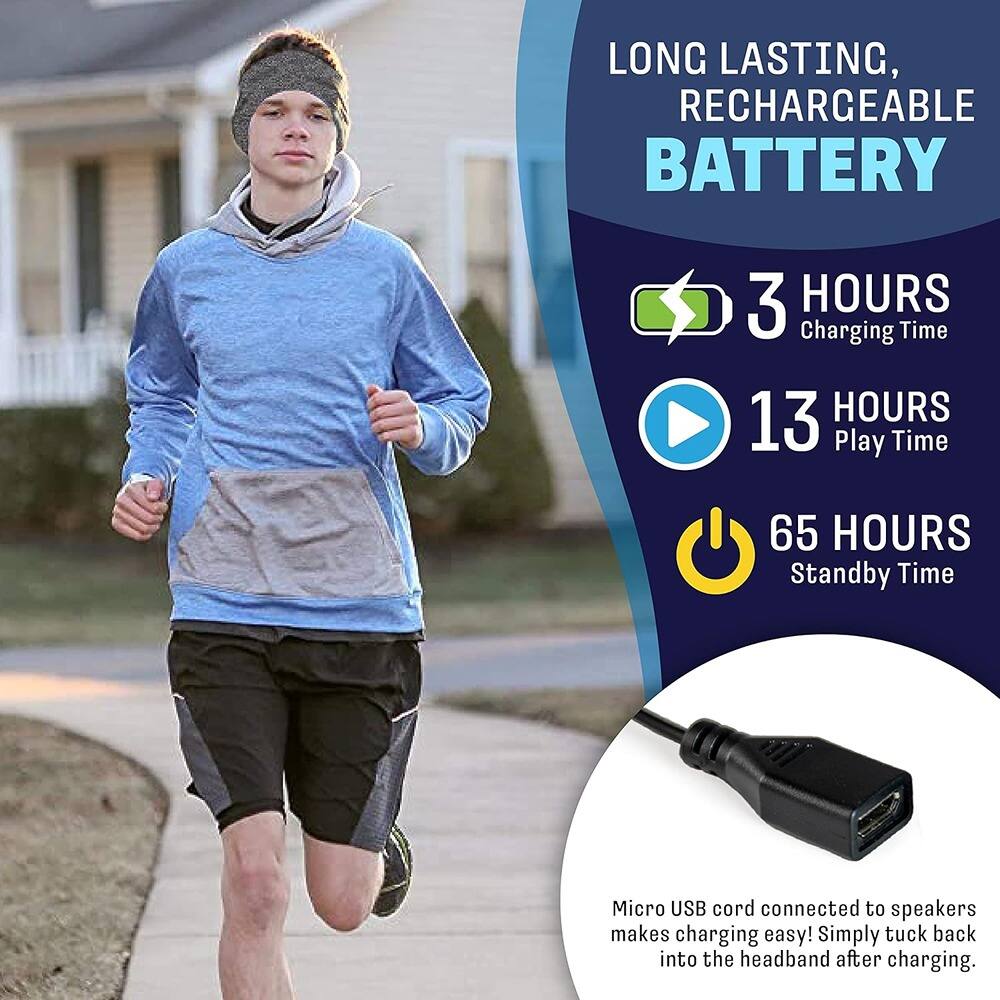LONG LASTING, RECHARGEABLE BATTERY

- 3 HOURS Charging Time
- 13 HOURS Play Time
- 65 HOURS Standby Time

Micro USB cord connected to speakers makes charging easy! Simply tuck back into the headband after charging.