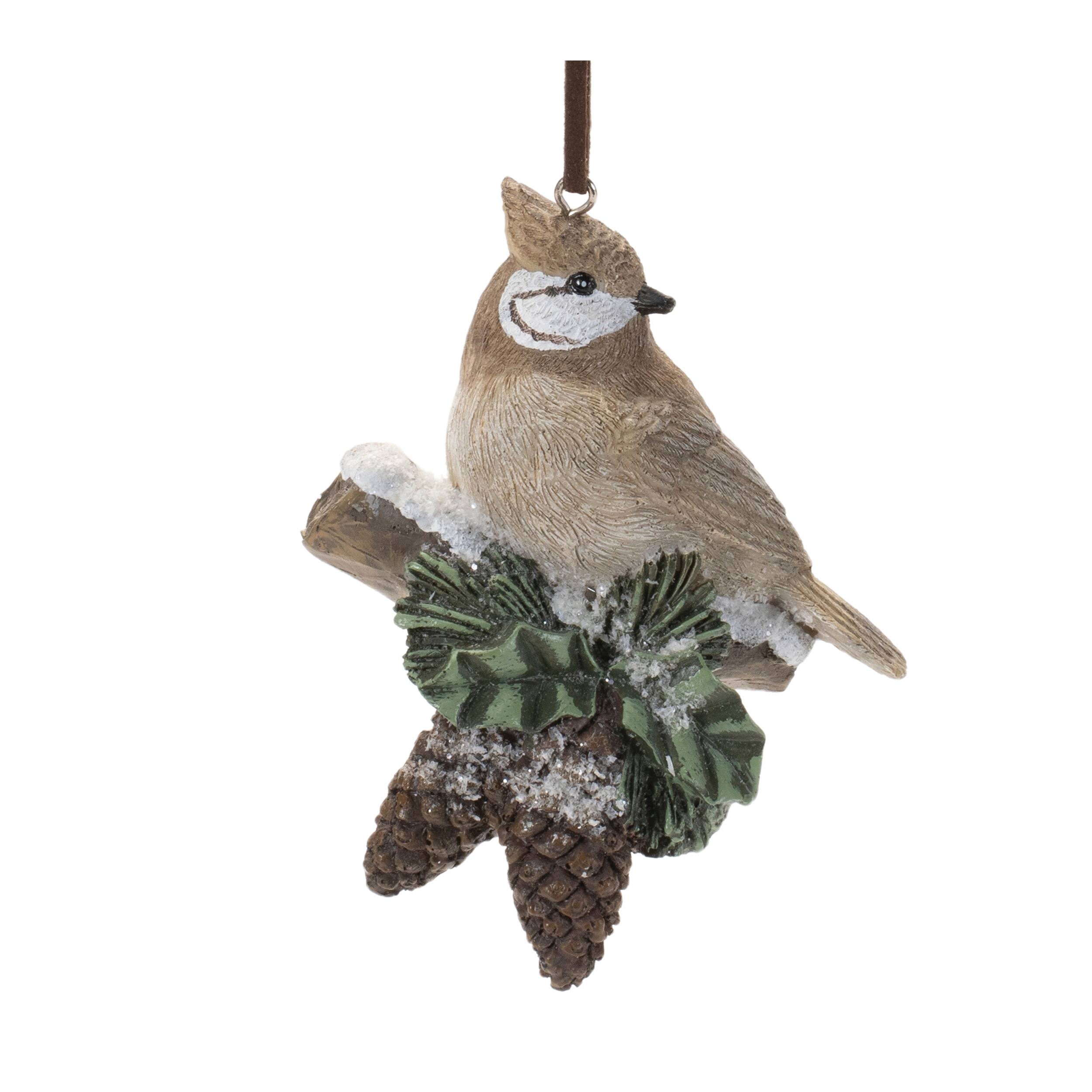 Back. BreeBe - Snowy Cardinal Bird and Owl Ornament (Set of 12) - Brown, Green.