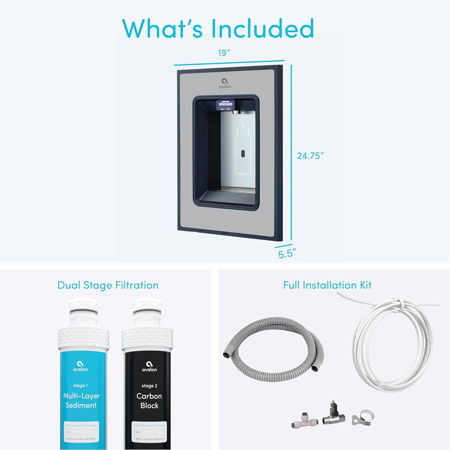 What's Included

19" x 24.75" x 5.5"

Dual Stage Filtration
- Multi-Layer Sediment
- Carbon Block

Full Installation Kit