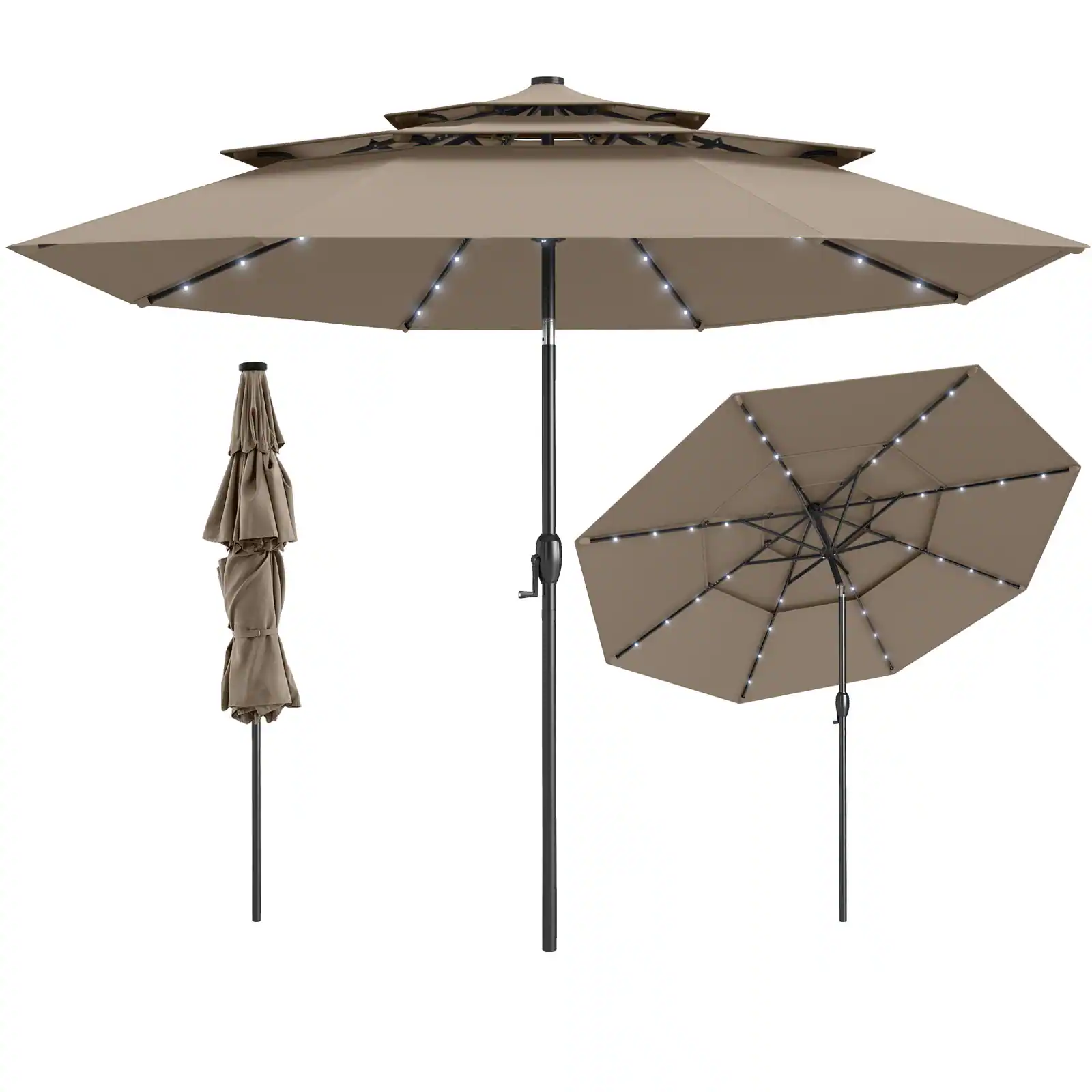 Gymax - 10 FT Solar Patio Umbrella w/ 32 LED Lights 3-Tier Vented Top Tilt Adjustment - Taupe