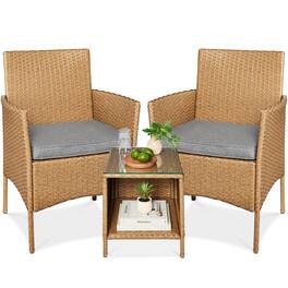 Best Choice Products - 3-Piece Outdoor Wicker Conversation Patio Bistro Set, w/ 2 Chairs, Table - Natural/Cement Gray