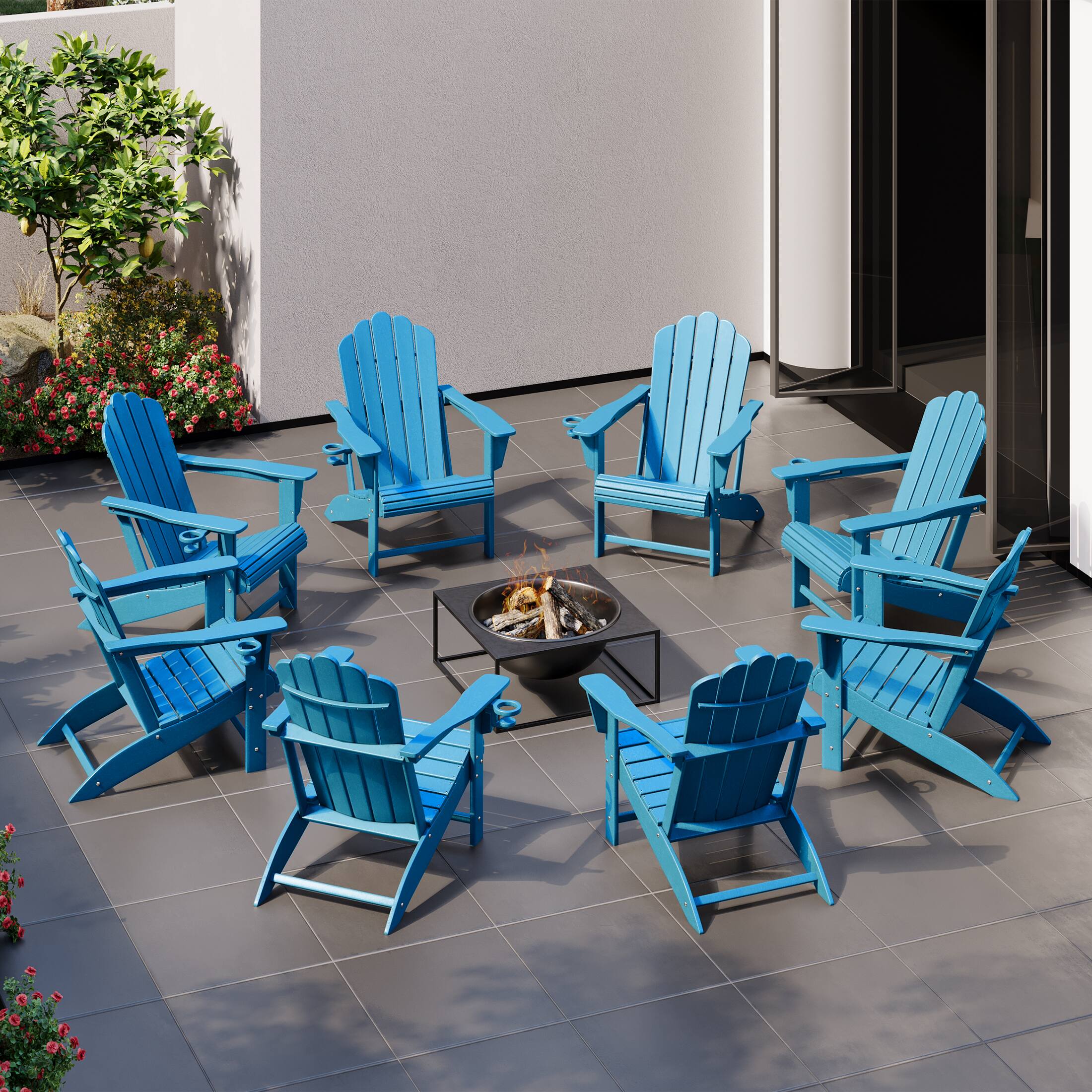 Angle. WestinTrends - WestinTrends Highland Outdoor Patio HDPE Adirondack Chairs With Cup Holders (Set of 8) - Pacific Blue.