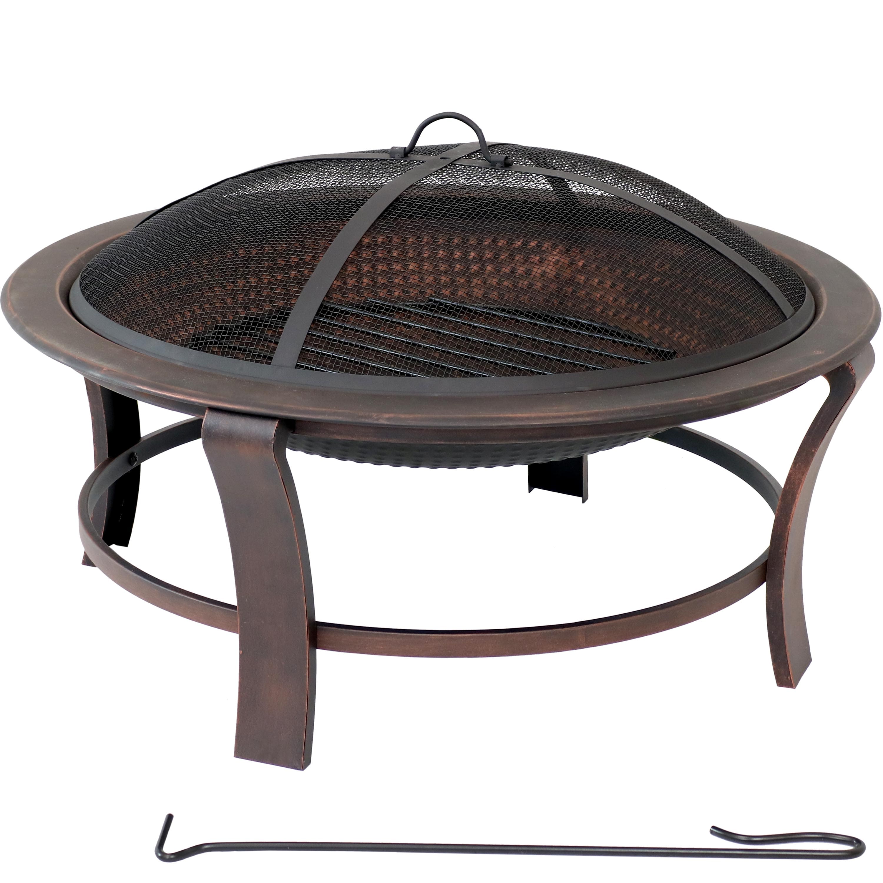 Sunnydaze - 29 in Elevated Steel Fire Pit Bowl with Stand, Screen, and Poker - Bronze