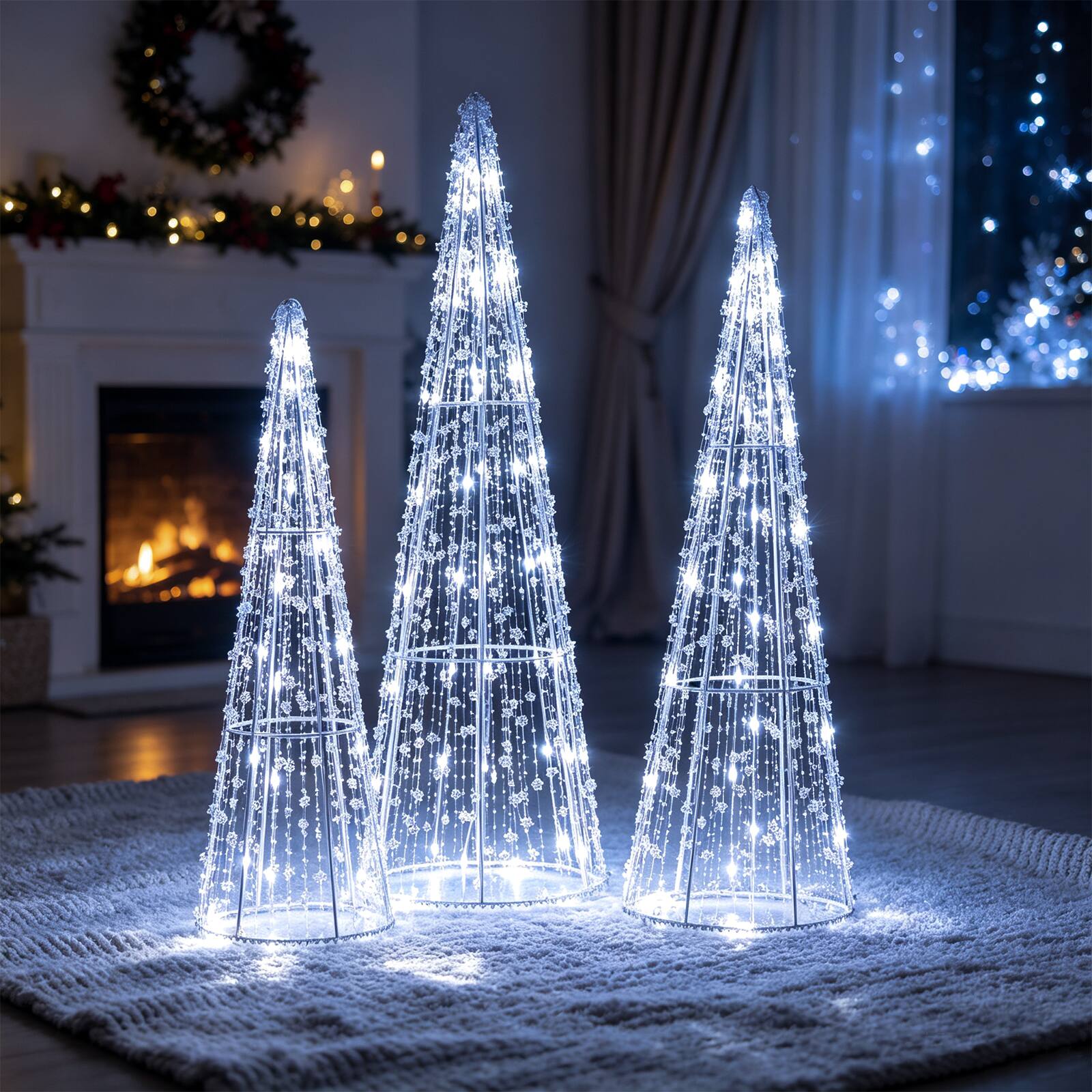 Alt View 5. Costway - Costway Set of 3 Pre-lit Christmas Cone Trees with Star Strings, 90 Cold LED Lights Cold - Cold White.