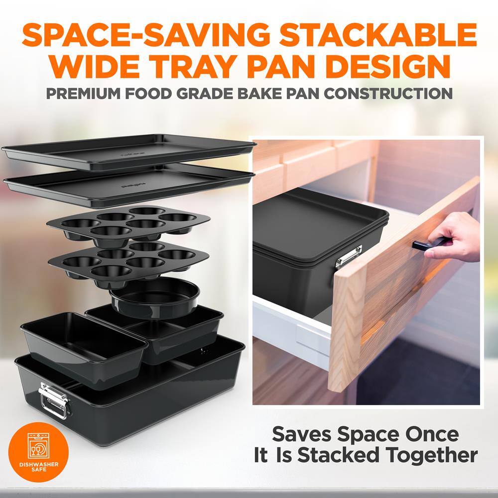 SPACE-SAVING STACKABLE WIDE TRAY PAN DESIGN  
PREMIUM FOOD GRADE BAKE PAN CONSTRUCTION  

Saves Space Once It Is Stacked Together  

DISHWASHER SAFE