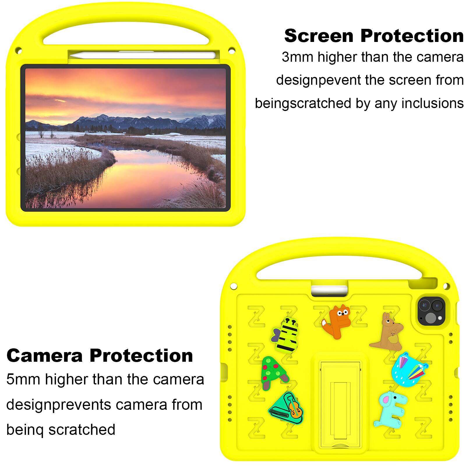 Screen Protection  
3mm higher than the camera design prevents the screen from being scratched by any inclusions

Camera Protection  
5mm higher than the camera design prevents the camera from being scratched