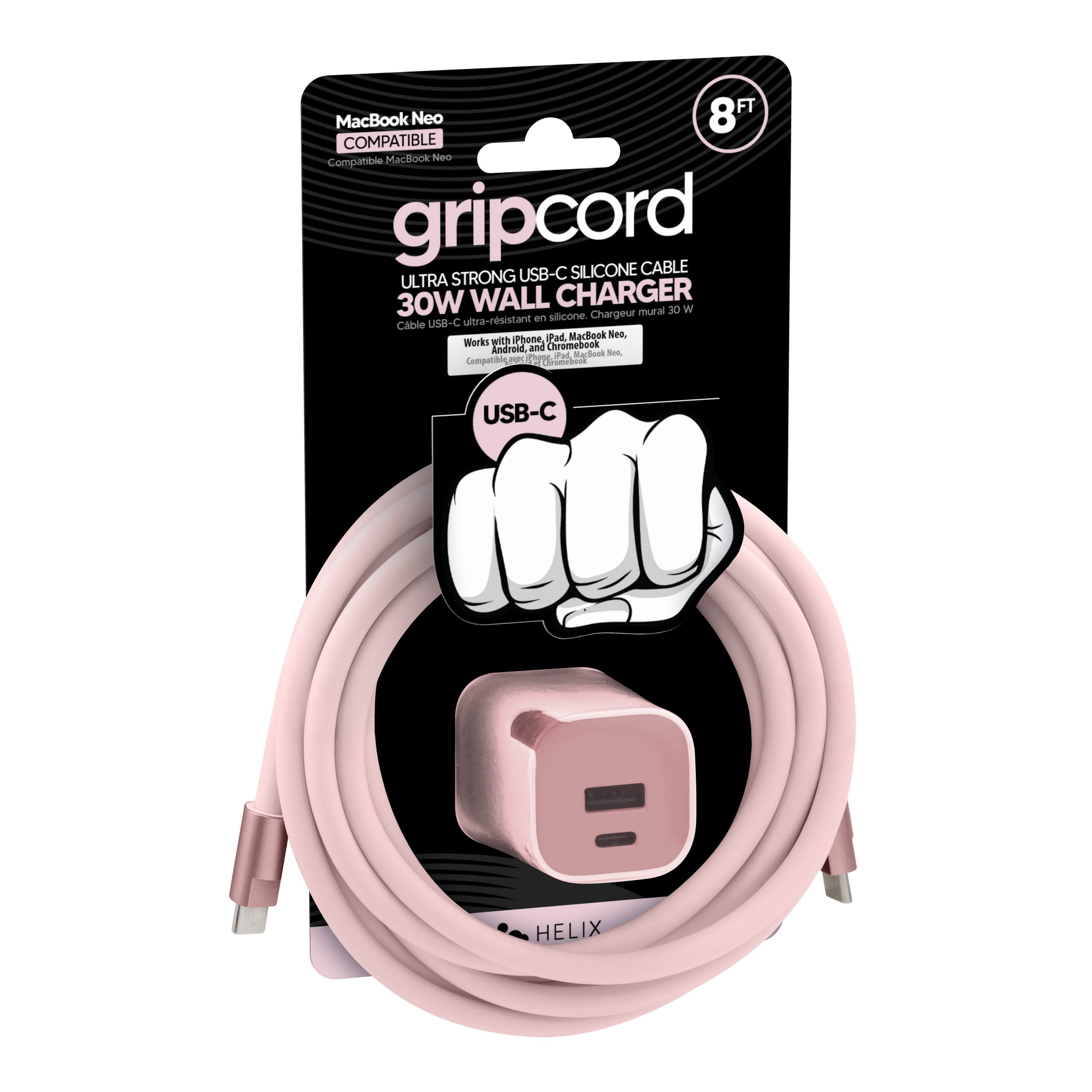 MacBook Neo 8F COMPATIBLE  
gripcord SILICONE CABLE  
ULTRA STRONG USB-C 30W WALL CHARGER  
Compatible MacBook Neo, iPad, MacBook Neo, Chromebook, iPhone, Android, and Pal Maghook  
USB-C