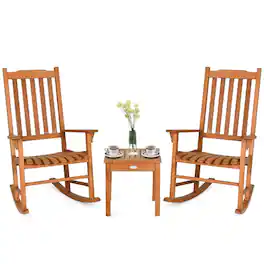 Pefilos - 3 Pieces Outdoor Bistro Furniture Patio Wooden Rocking Chair Set with Eucalyptus Patio Coffee Table and Curved Seat - Brown