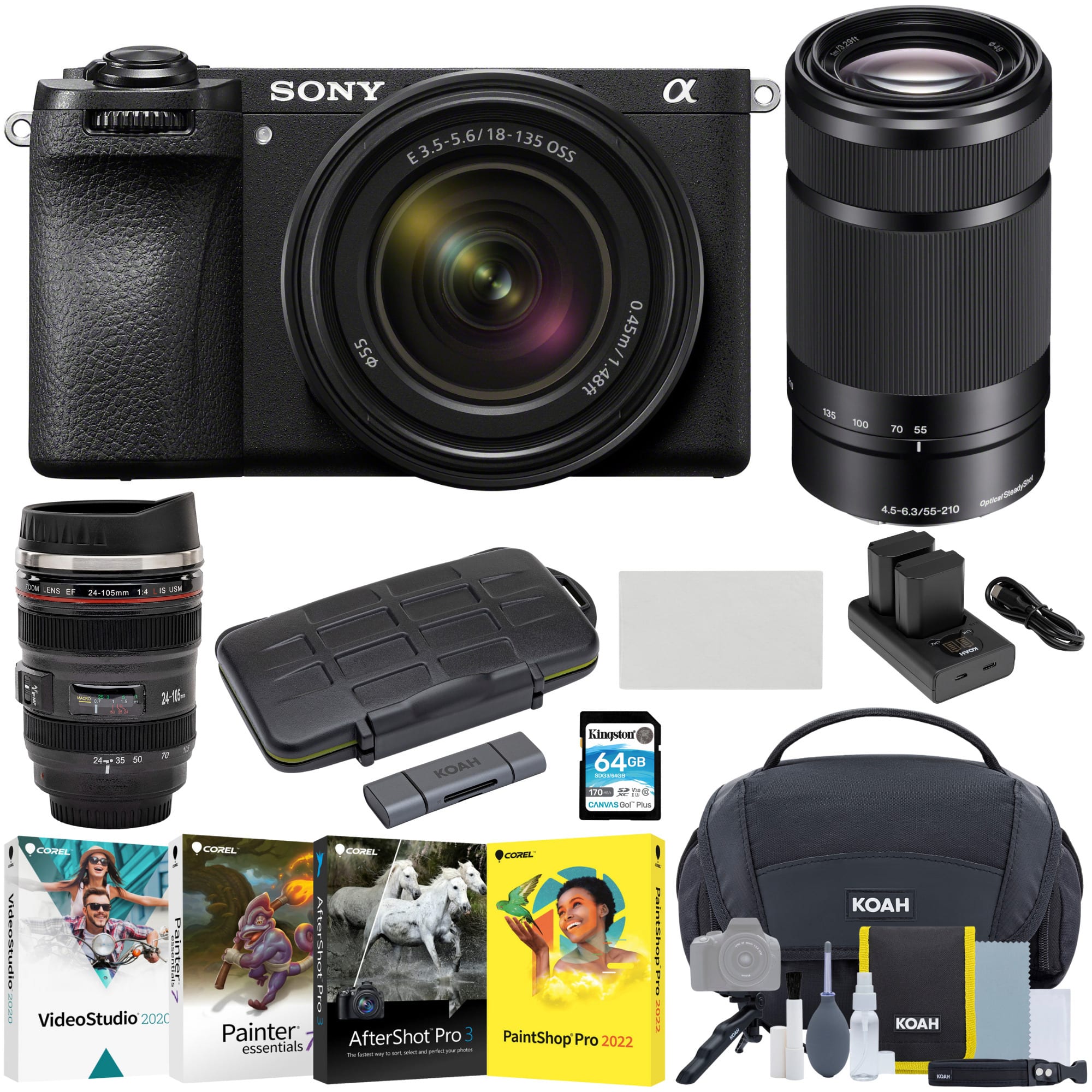The image features a Sony camera and lens, along with various accessories and items. There is a Sony 5.6/18 135 E3.5-5.6/18-135 E3.5 lens, a KOAH bag, a 64GB memory card, a Paintshop Pro 2022, and a VideoStudio 2020 Core. Additionally, there are two books, one of which is a photography book. The image also includes a cell phone and a remote control.