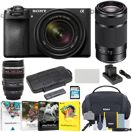 The image features a Sony camera and lens, along with various accessories and items. There is a Sony 5.6/18 135 E3.5-5.6/18-135 E3.5 lens, a KOAH bag, a 64GB memory card, a Paintshop Pro 2022, and a VideoStudio 2020 Core. Additionally, there are two books, one of which is a photography book. The image also includes a cell phone and a remote control.