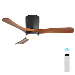 Sofucor - 42'' Wood Low Profile Flush Mount Ceiling Fans w/ Dimmable LED Light and Remote Quiet Reversible for Bedroom Living Room - Black