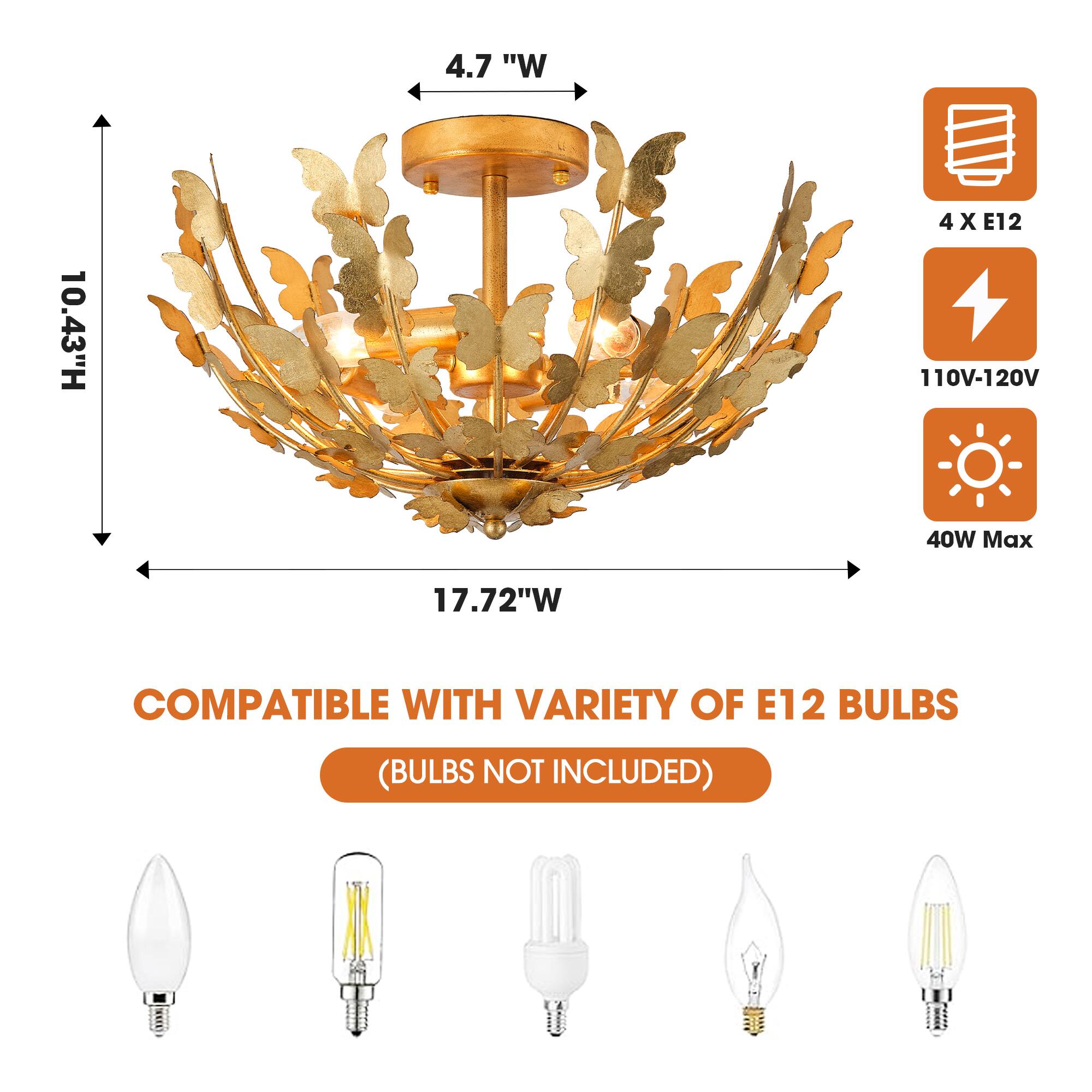 4.7" W x 10.43" H x 17.72" W  
4 x E12  
110V-120V  
40W Max  
COMPATIBLE WITH VARIETY OF E12 BULBS (BULBS NOT INCLUDED)