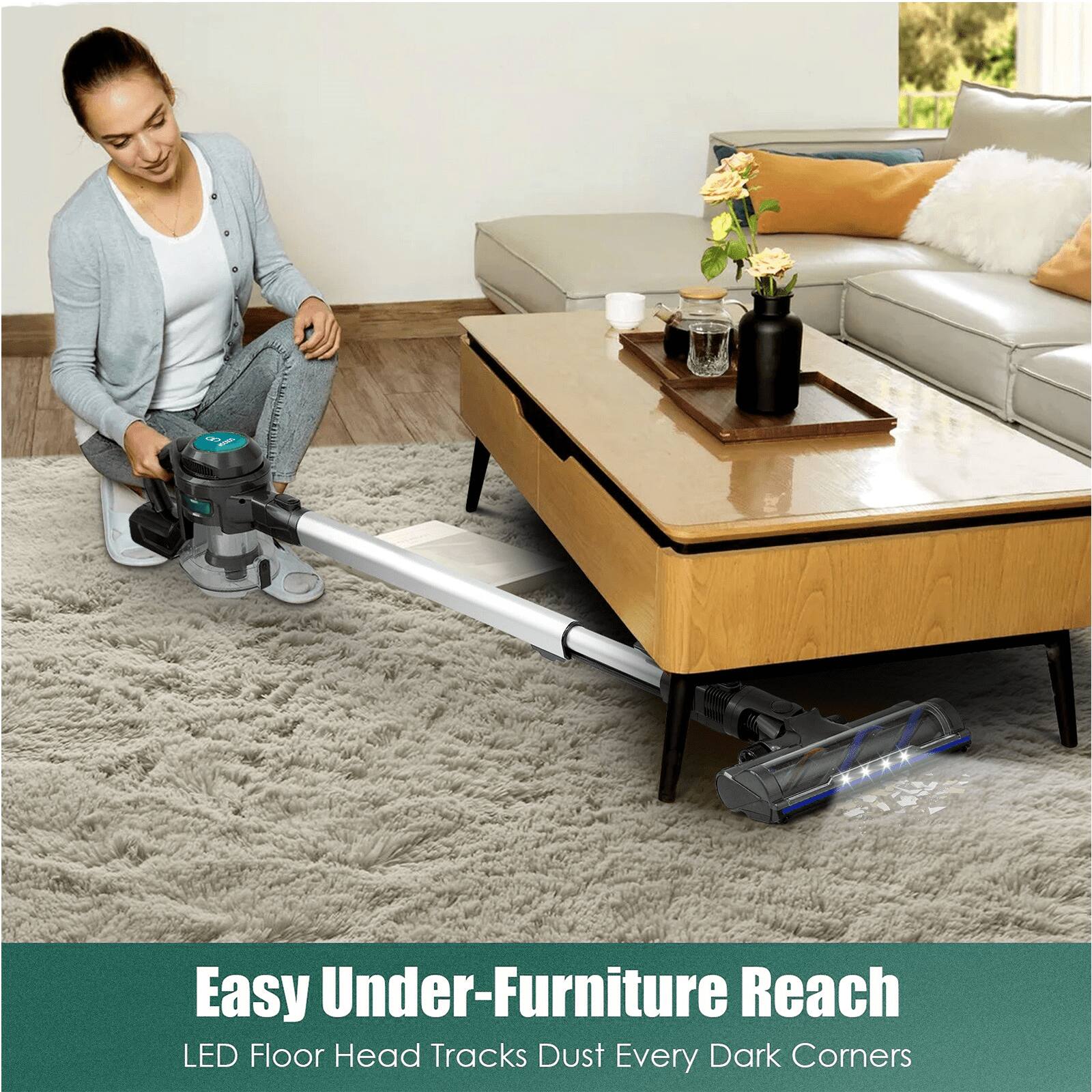 Easy Under-Furniture Reach
LED Floor Head Tracks Dust Every Dark Corners