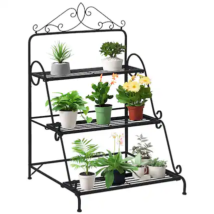 Front. Outsunny - Outdoor Plant Stand, 3 Tier Metal Plant Shelf, Stair Style Flower Stand - Black.